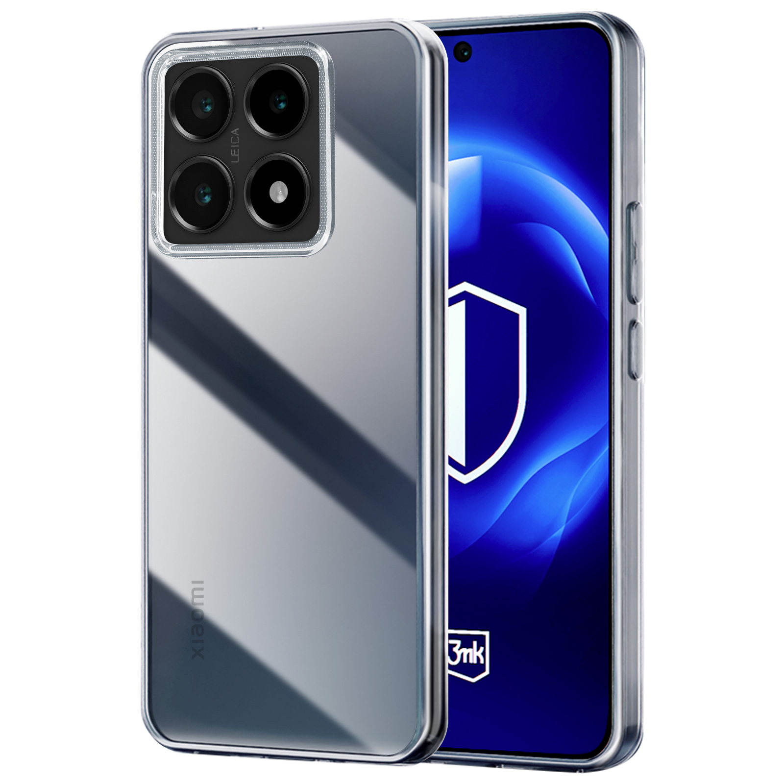 Una custodia trasparente per telefono con uno smartphone all'interno. Il telefono ha una fotocamera multi-obiettivo sul retro e schermo blu.