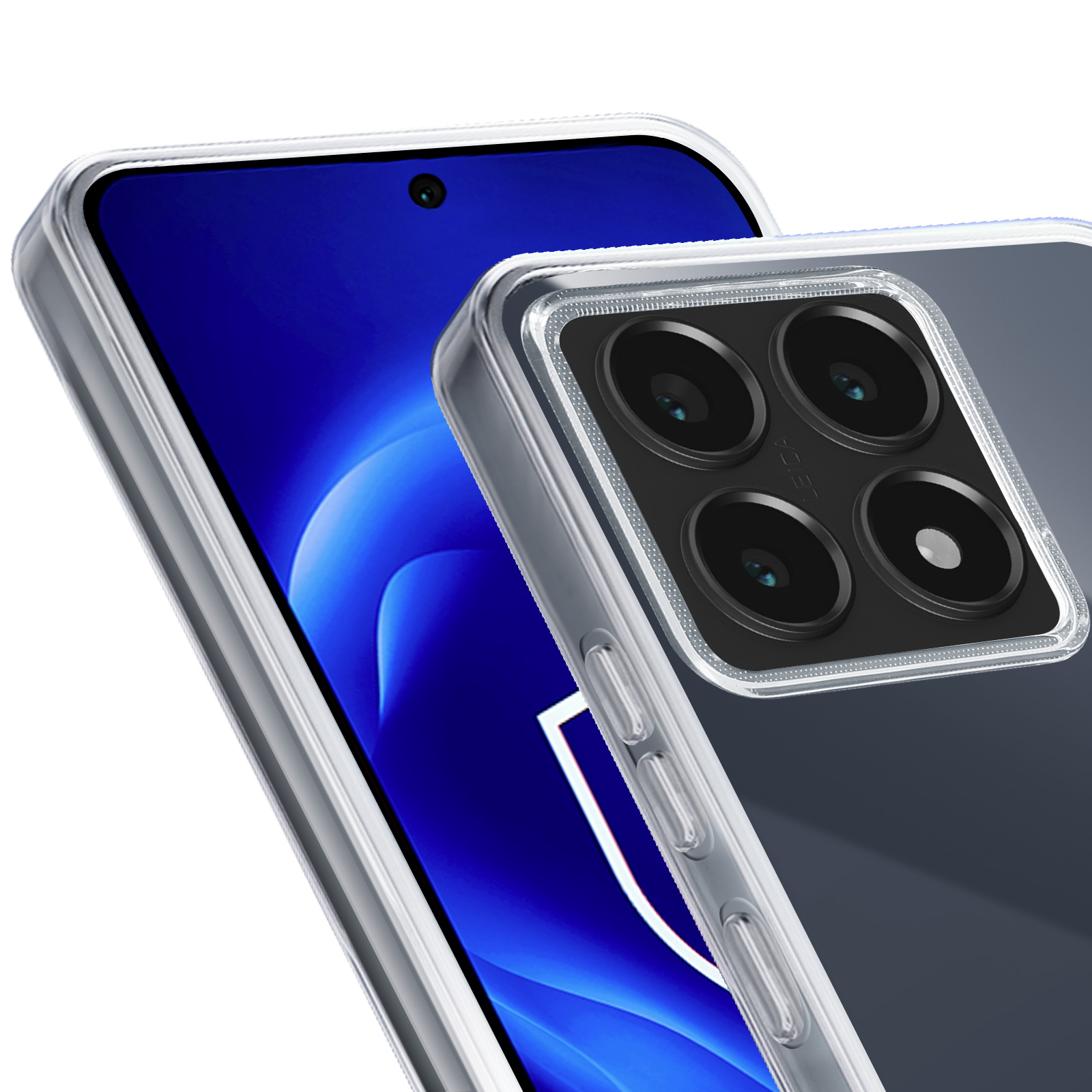 Primo piano di un telefono in una custodia trasparente, mostra la parte posteriore e la fotocamera.