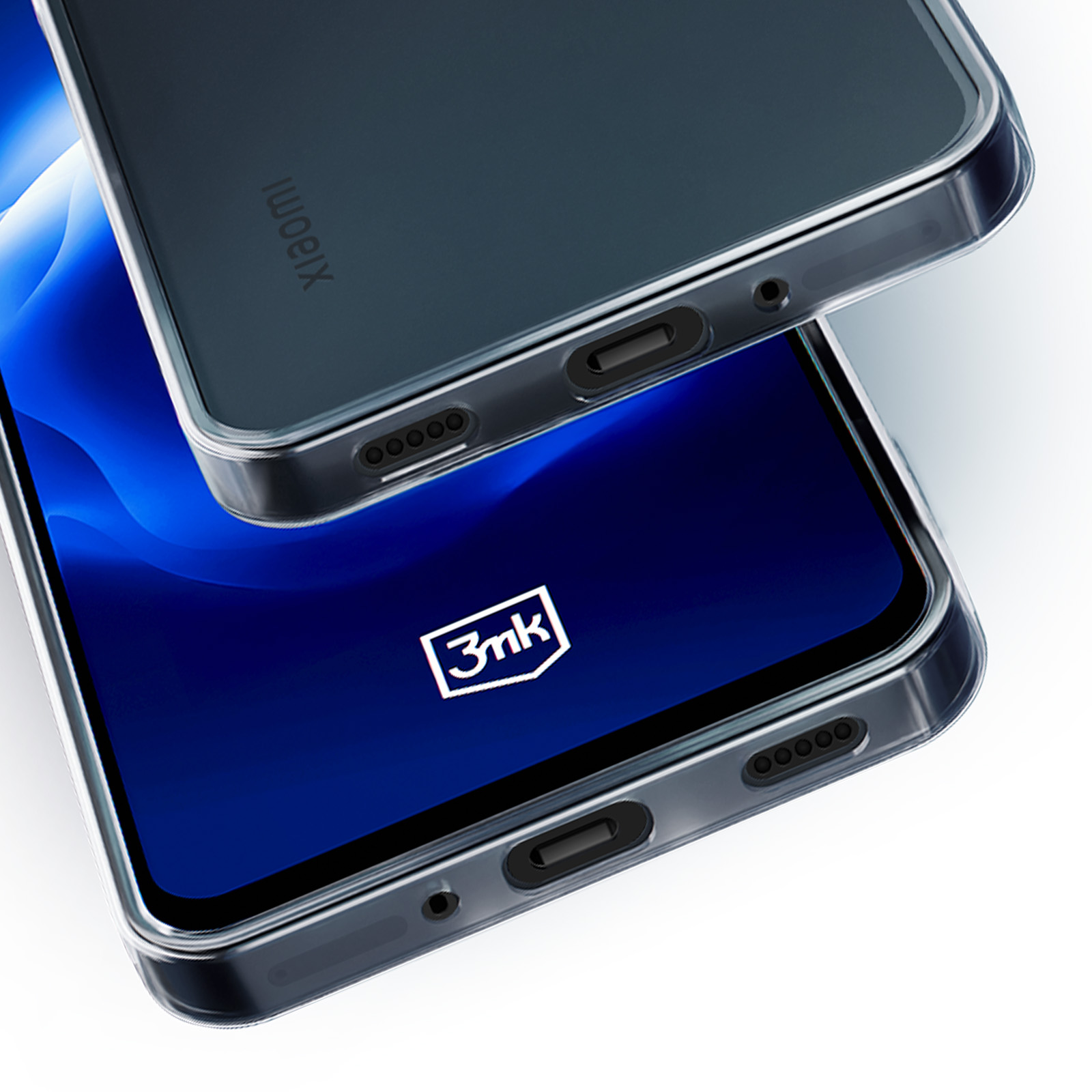 Due custodie per telefono. Trasparenti, una sopra l'altra. Marca Xiaomi, logo 3mk.