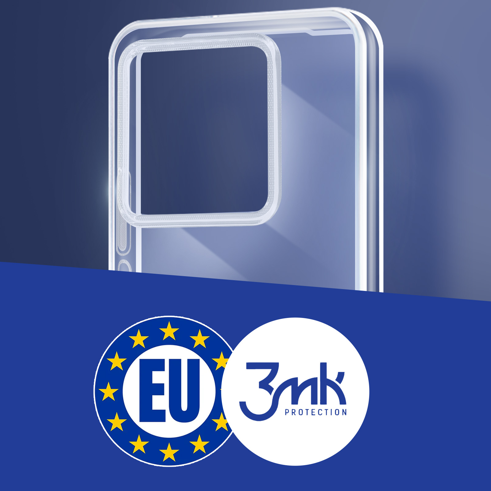 Custodia trasparente per telefono, con logo UE e logo 3mk su sfondo blu.
