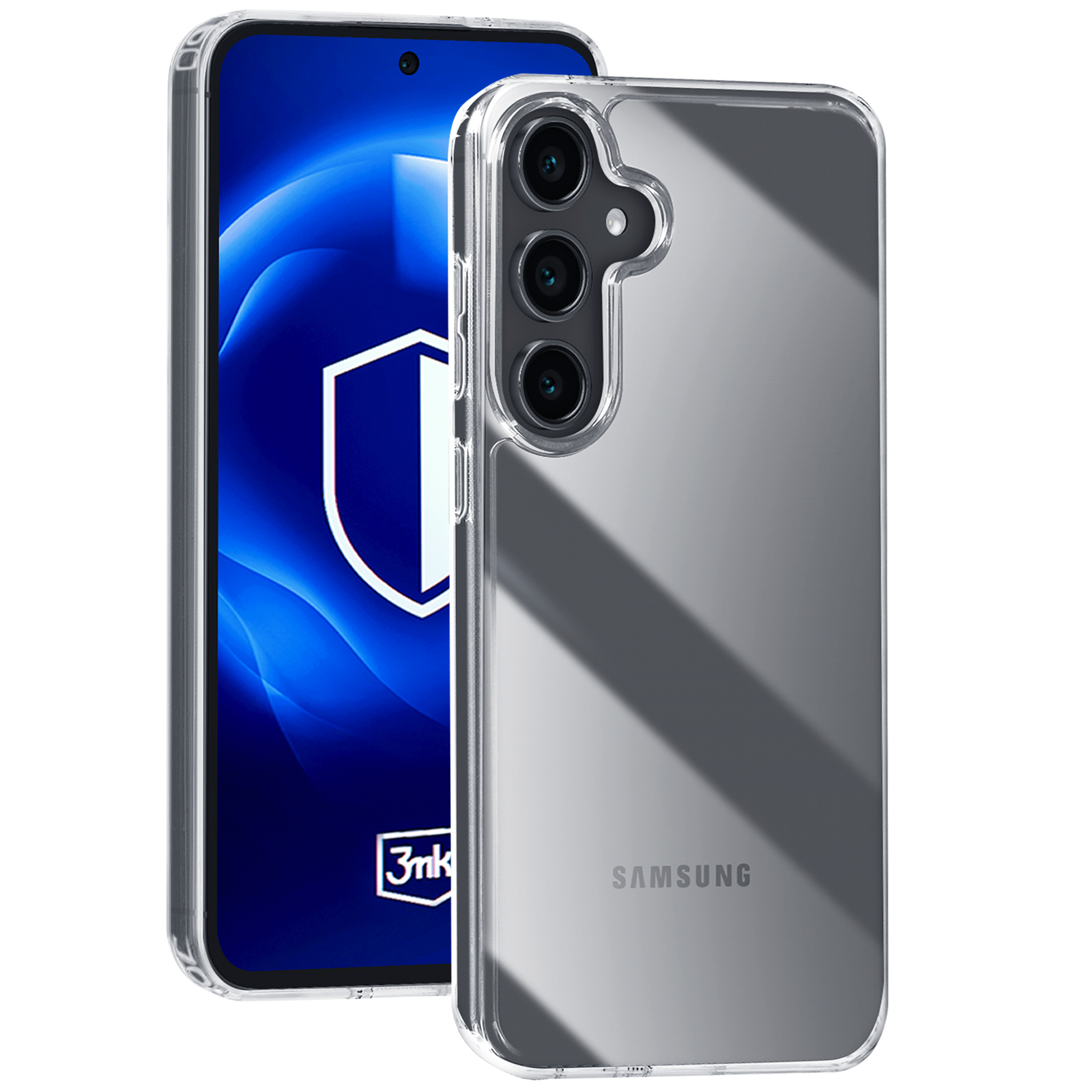 Een smartphone in een doorzichtige beschermhoes, met een blauw scherm dat een schild toont.