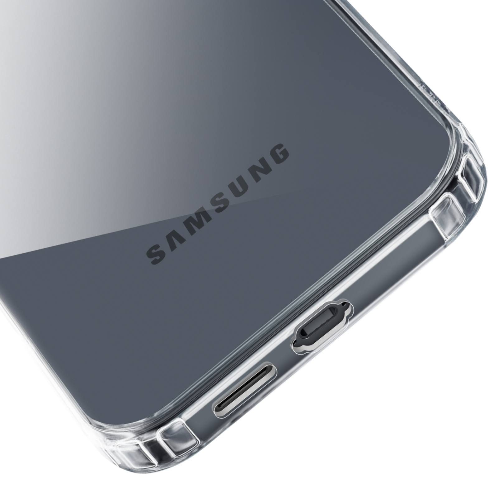 Een transparante telefoonhoes met het Samsung-logo erop gedrukt.