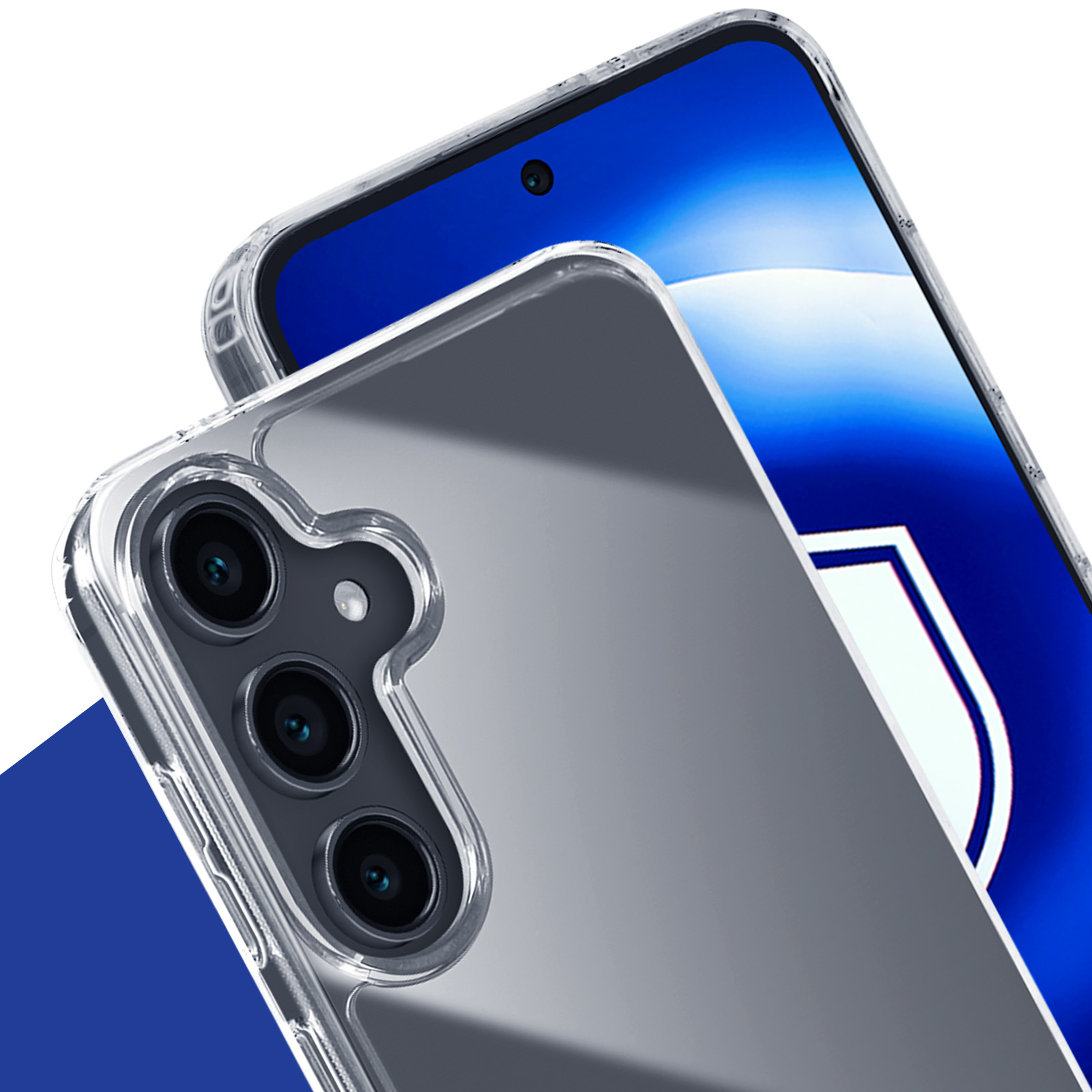 Close-up van een doorzichtig telefoonhoesje op een blauwe telefoon, met een vage achtergrond.