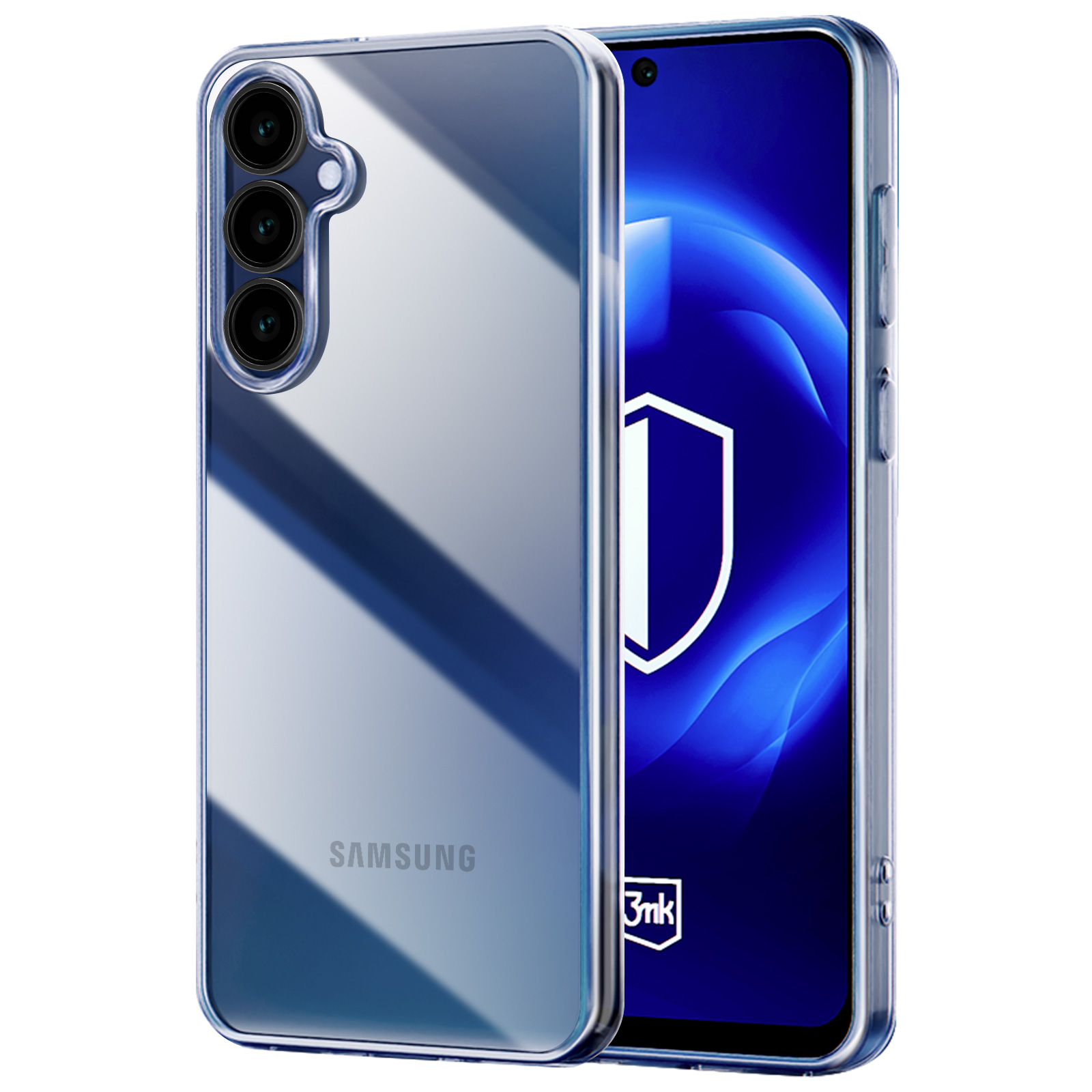 Przezroczyste etui na czarnym telefonie, pokazujące zestaw kamer telefonu.