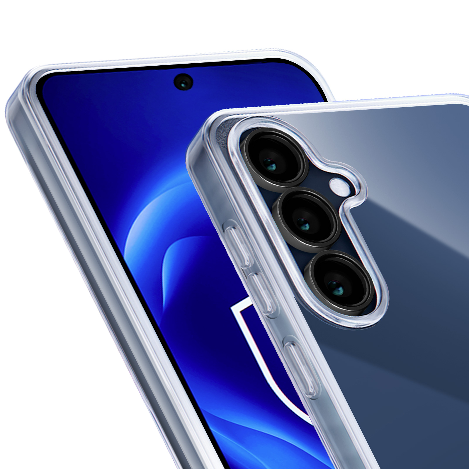 Przezroczyste etui na telefonie, z widocznymi obiektywami aparatu, ujęcie z ukosa.