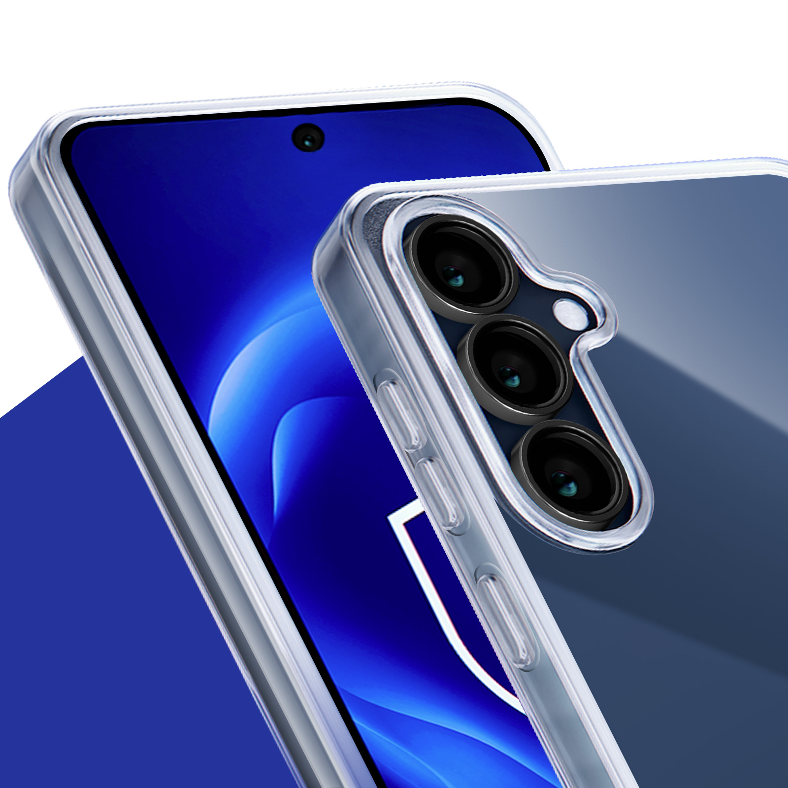 Zbliżenie telefonu z przezroczystym etui, ukazujące niebieski ekran i kamery.