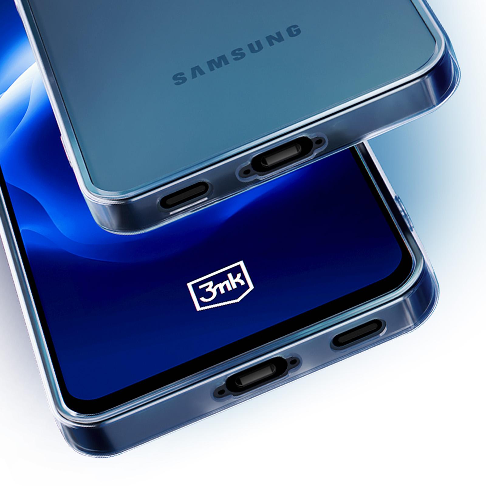 Przezroczyste etui na niebieskim ekranie, widoczne logo Samsung. Drugie etui na wierzchu.