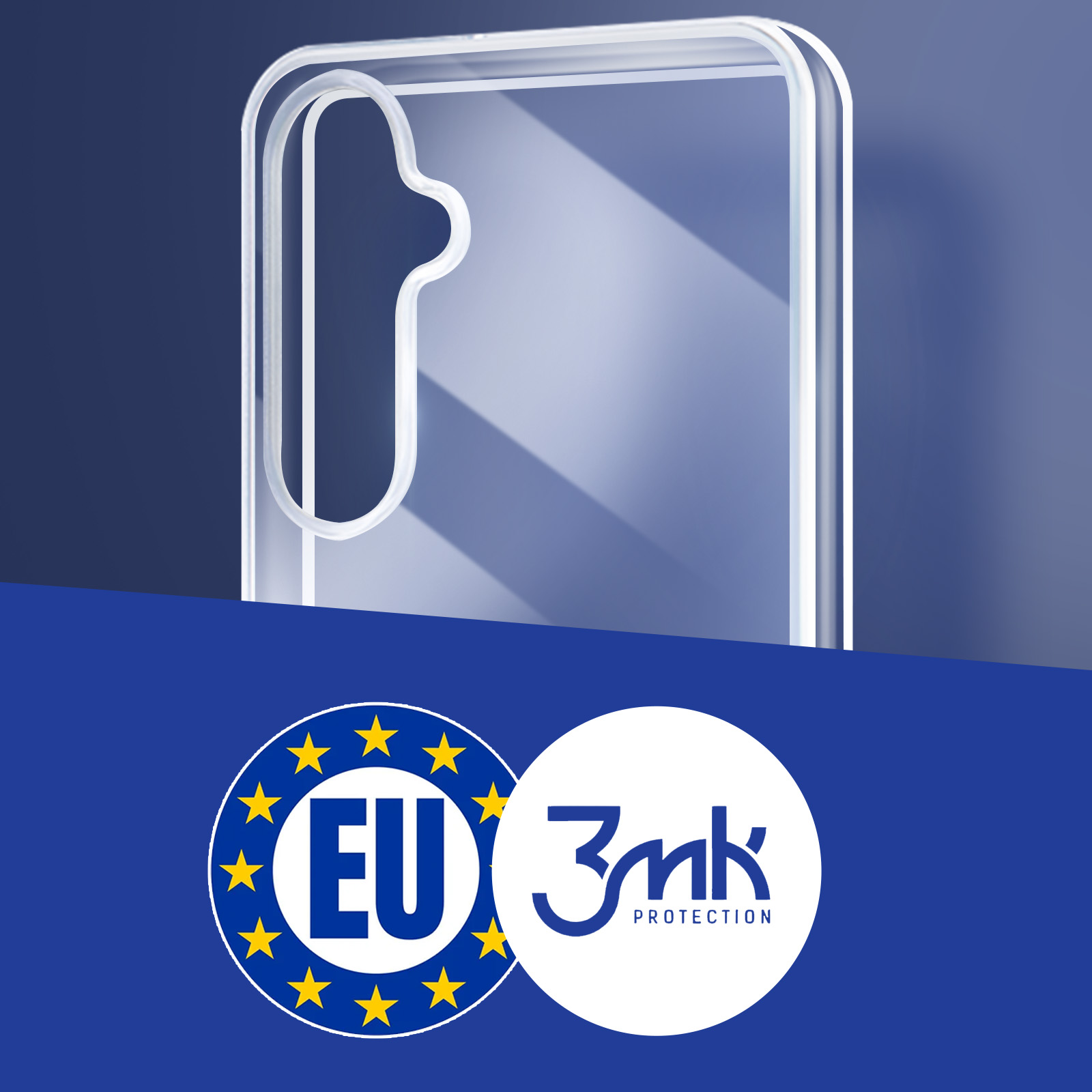 Przezroczyste etui na telefon z ochronną konstrukcją, z logo UE i 3mk Protection.