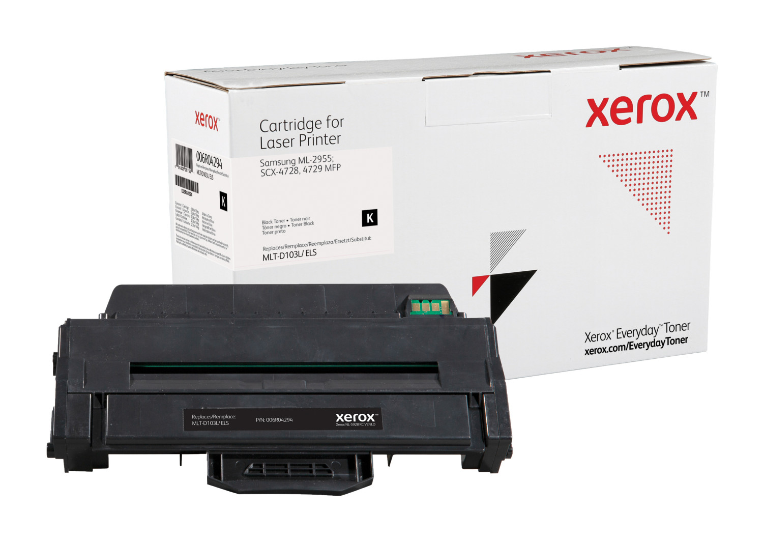 Una cartuccia toner Xerox e la sua scatola. Cartuccia nera con scatola bianca e rossa.