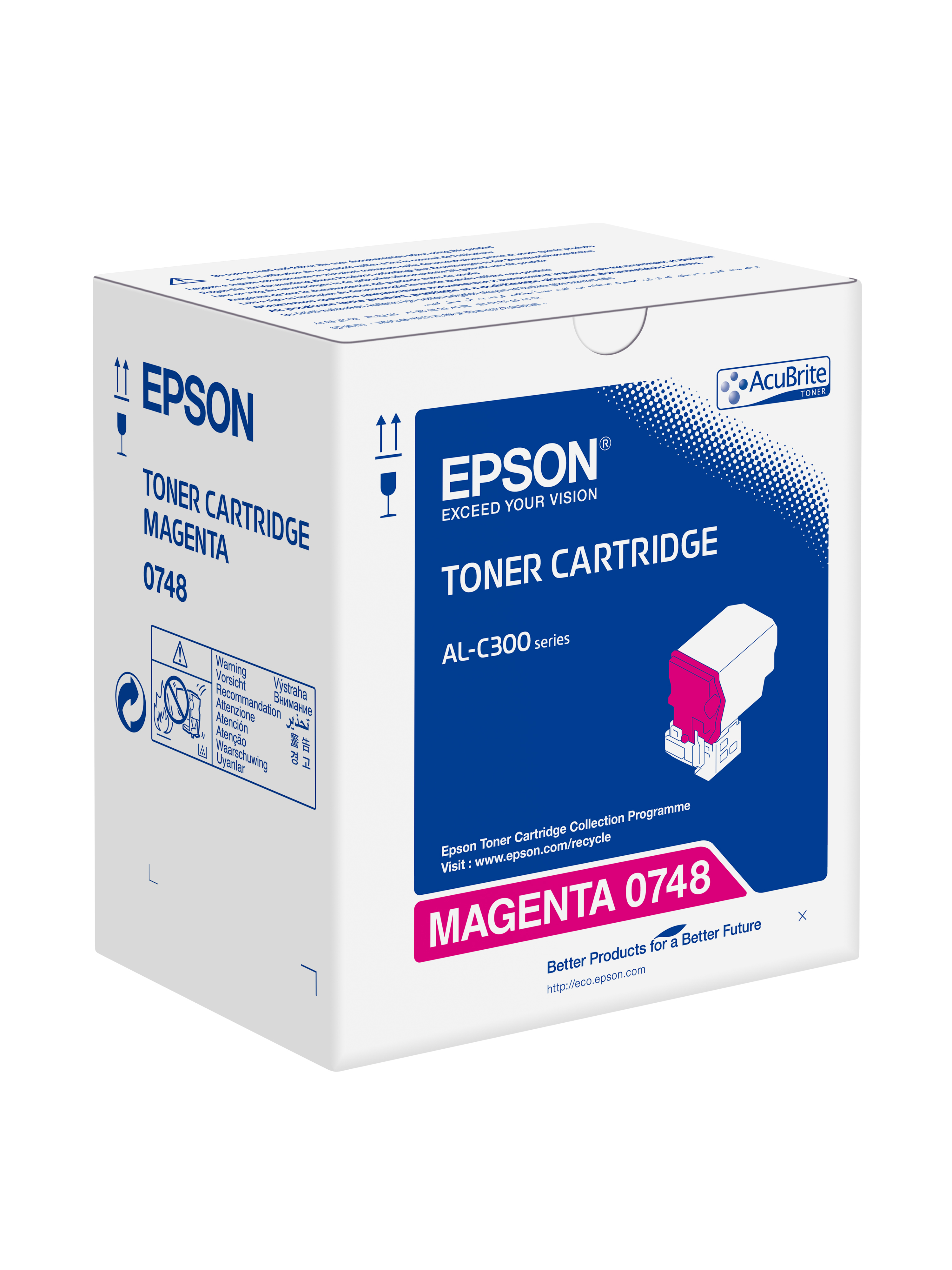Scatola bianca con toner blu e rosa su sfondo bianco.