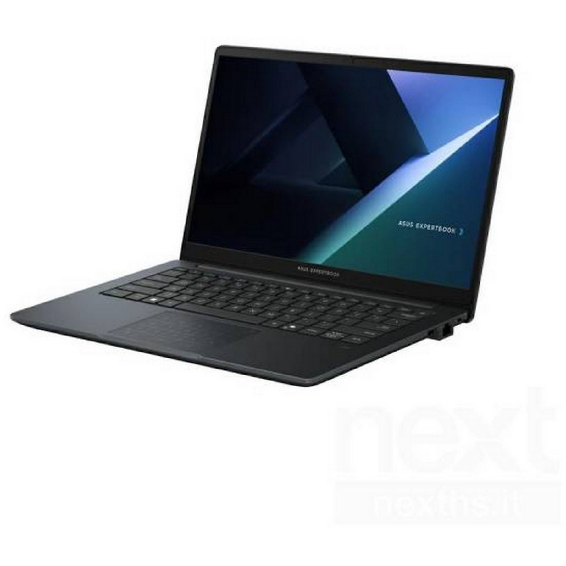Laptop nero su bianco. Lo schermo mostra una grafica scura. Logo ASUS ExpertBook.