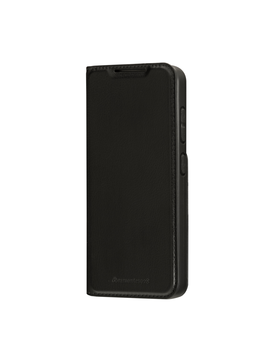 Una custodia per telefono nera chiusa con una texture simile alla pelle.
