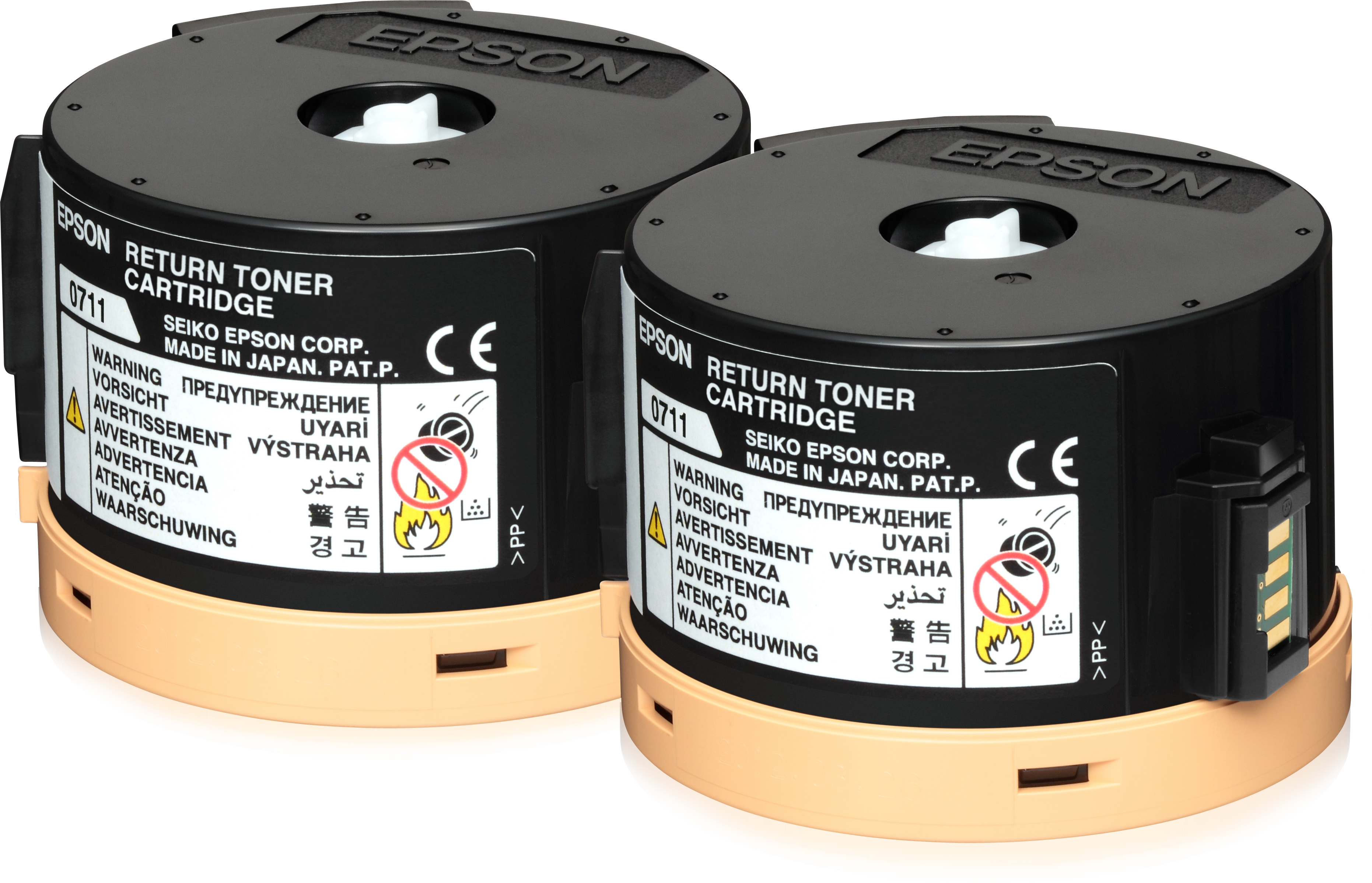 Due cartucce toner di ritorno EPSON, nero e beige, con etichette di avvertimento.