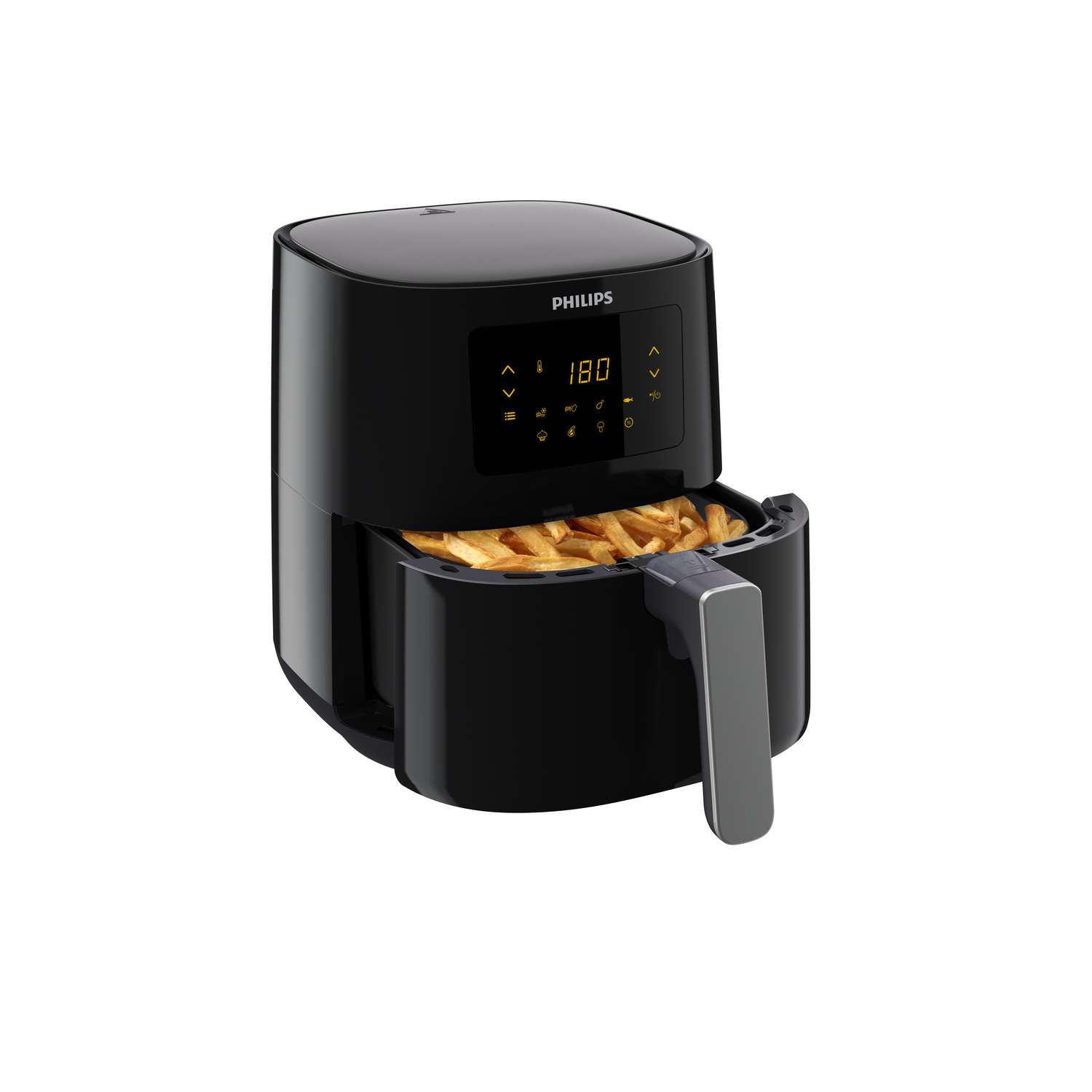 Una freidora de aire Philips negra con la cesta abierta, llena de patatas fritas.