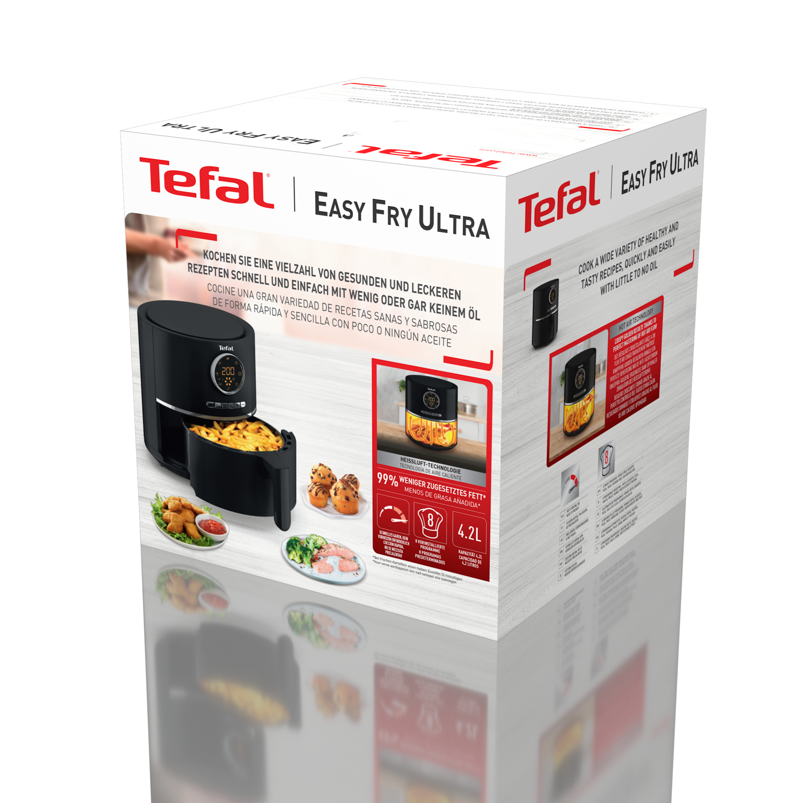 Pudełko Tefal Easy Fry Ultra z czarną frytkownicą i zdjęciami jedzenia.