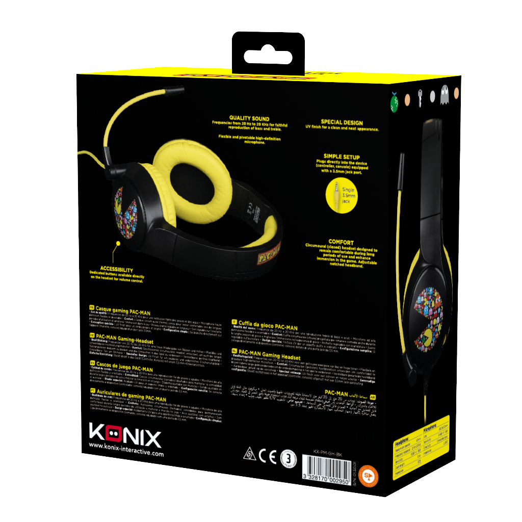 Una confezione di cuffie da gioco PAC-MAN, con colori giallo e nero con testo.