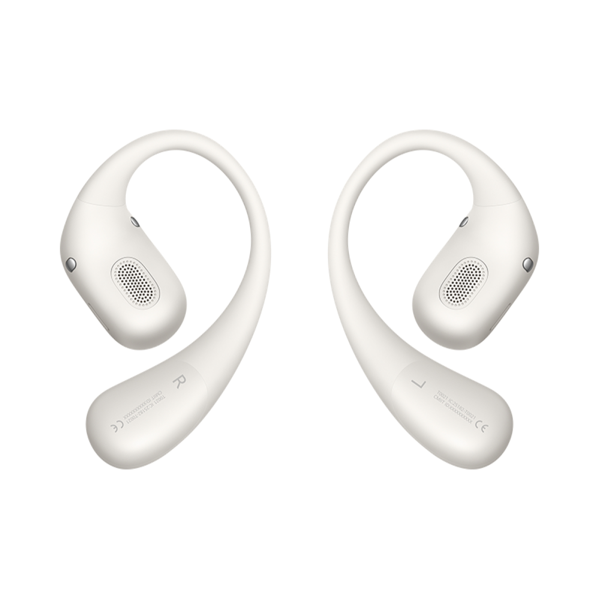 Deux écouteurs sans fil blancs, chacun avec un design incurvé et un petit haut-parleur.