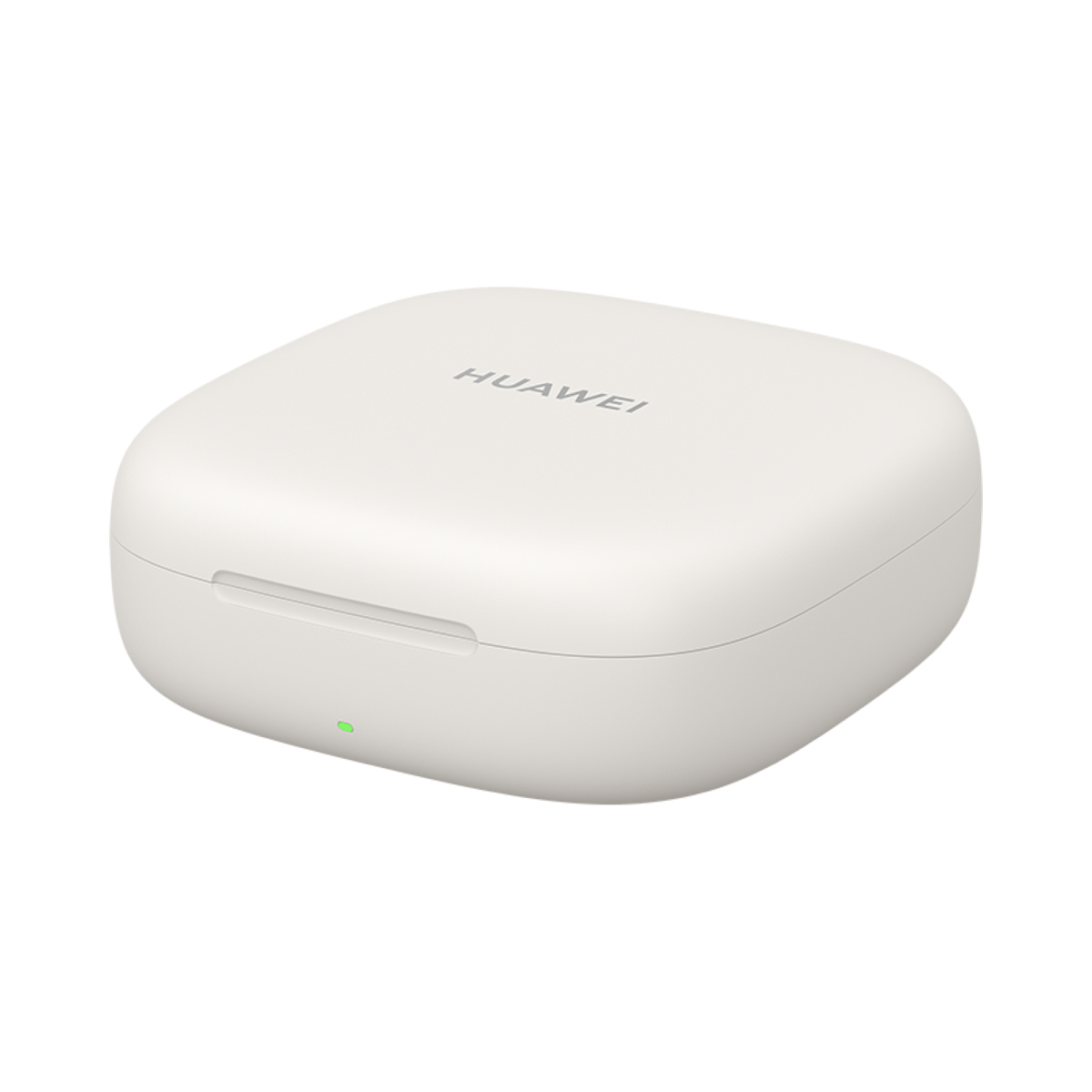 Boîtier de charge carré blanc pour écouteurs. La marque HUAWEI est imprimée sur le dessus.