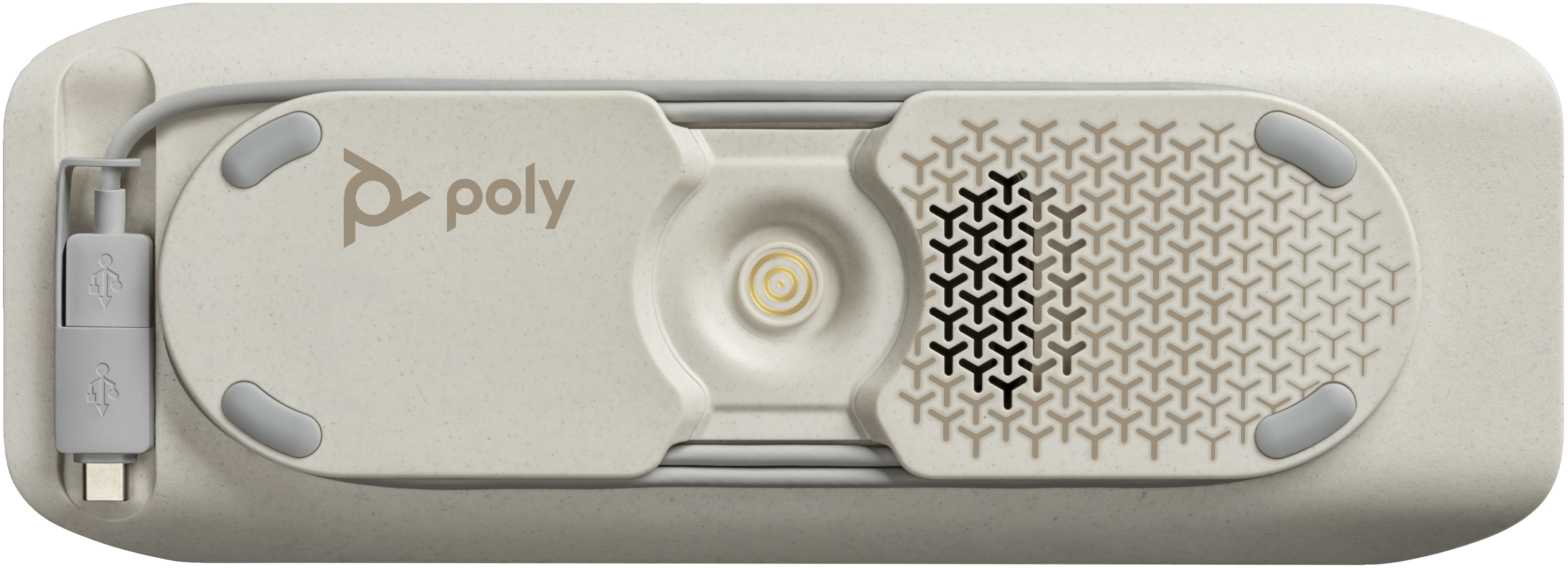 Un dispositivo con una porta USB-C e una superficie a motivi, probabilmente per la ricarica o il trasferimento dati.