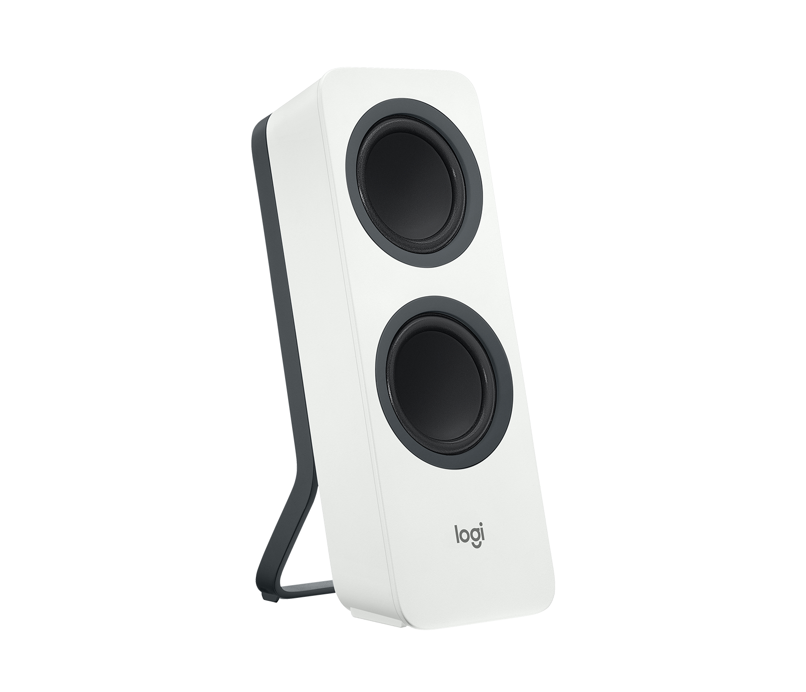 Altavoces de computadora blancos y negros con el logotipo logi.