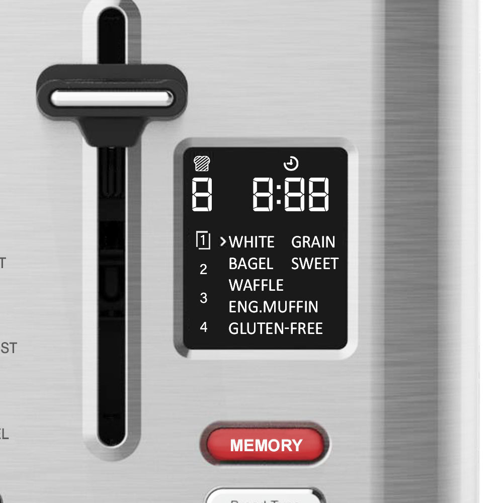 Eine Nahaufnahme eines Toaster-Displays, das Einstellungen für Weißbrot, Getreide, Bagel und andere Optionen zeigt.