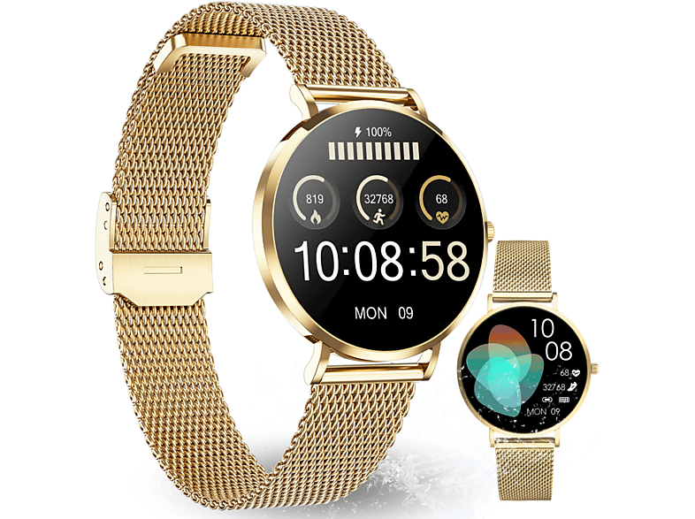 XCOAST SIONA 2 - NANO Smartwatch Stainless Steel Milanaise Edelstahl elegantes Design, Touch Display, Gelb Gold IP 68 wasserdicht