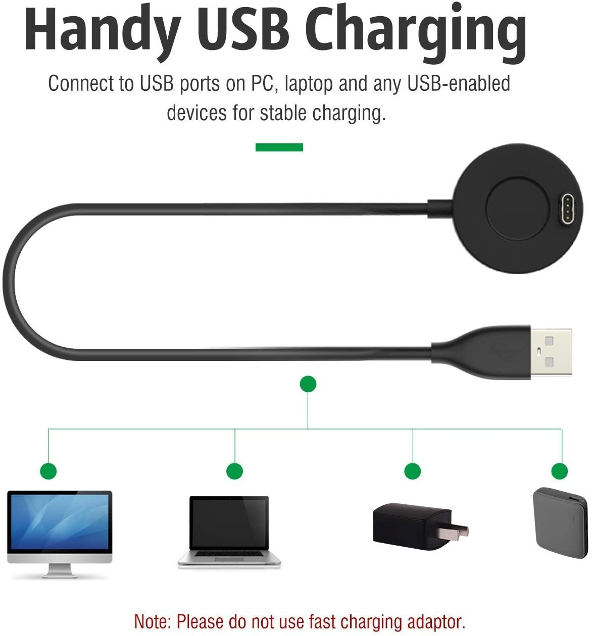 USB-Ladekabel an Geräte angeschlossen. Gezeigt: PC, Laptop, Ladegerät und eine Hülle.