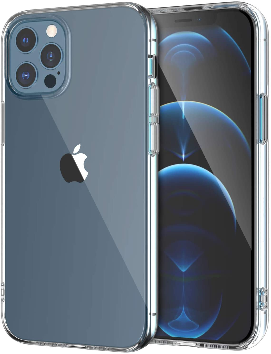 Transparente Handyhülle auf einem Telefon. Telefon hat blaue Rückseite, Apple Logo sichtbar.