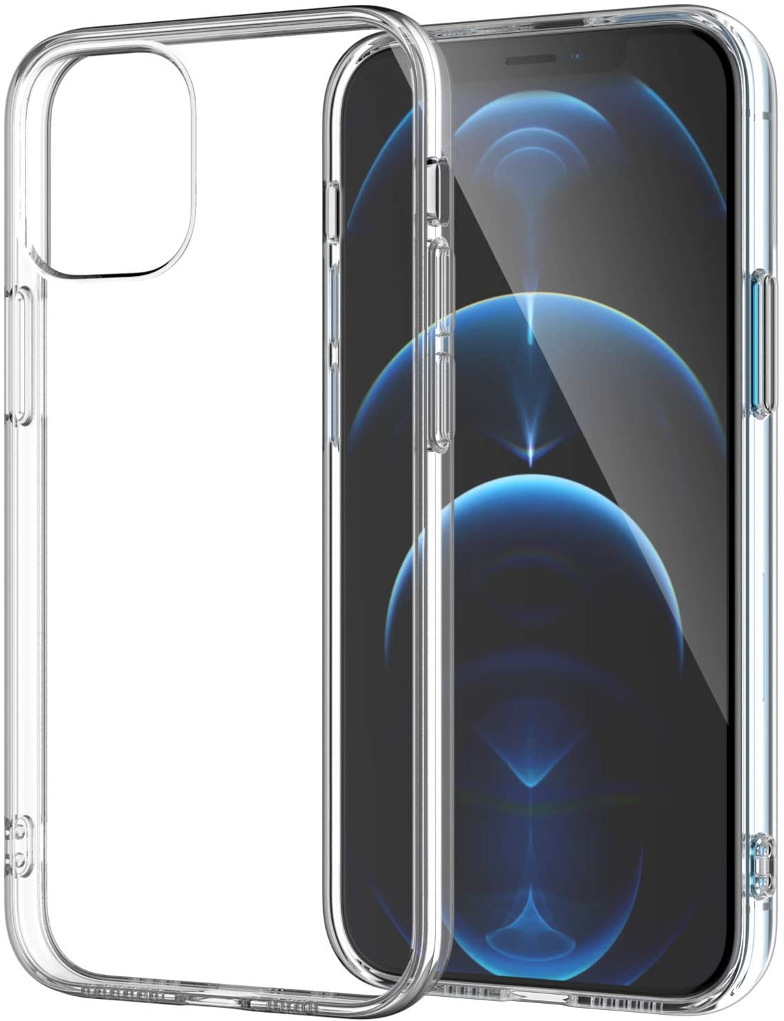 Eine transparente Handyhülle neben einem Handy mit blauem, abstrakten Hintergrund auf dem Bildschirm.