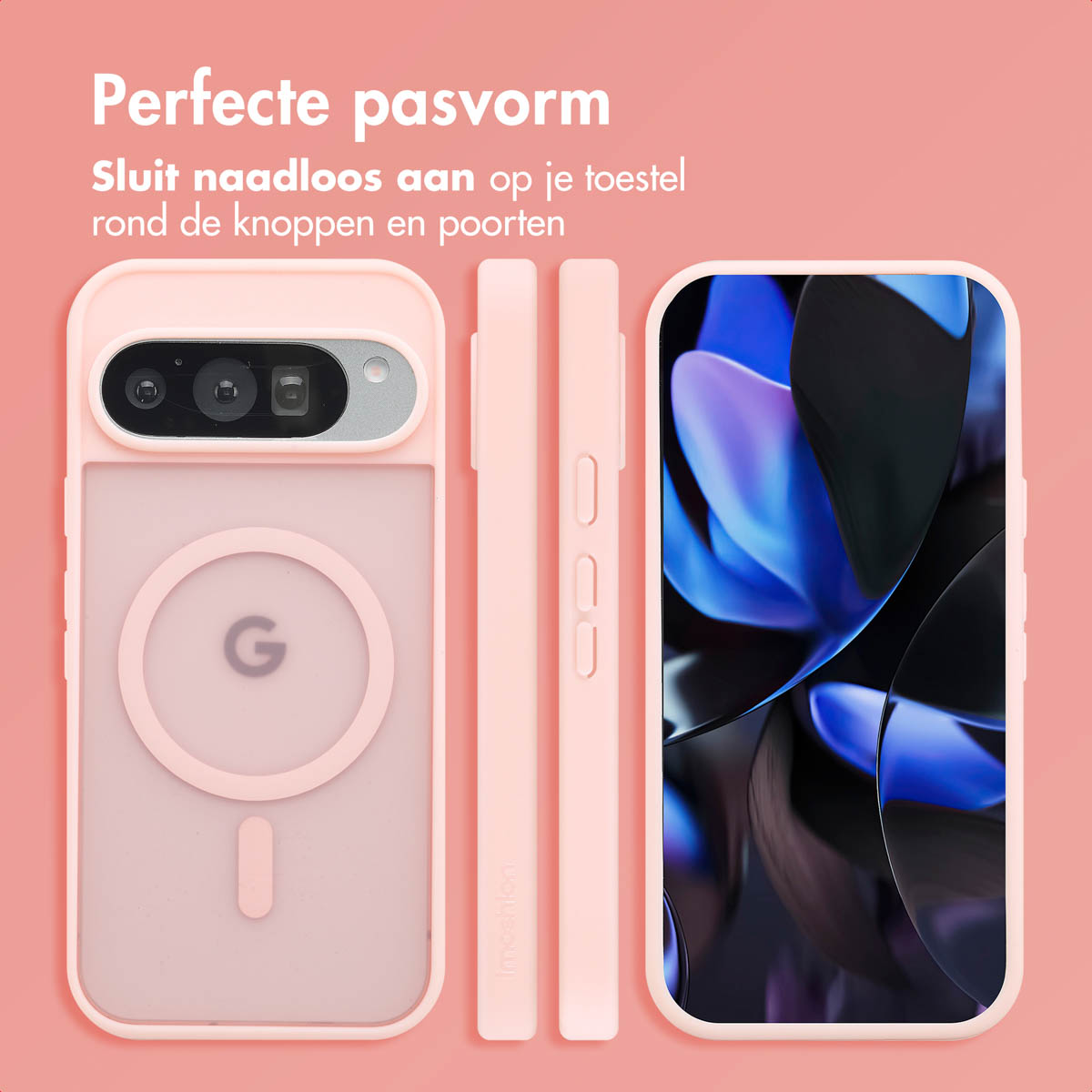 Roze telefoonhoesje met telefoon, en twee meer, op roze achtergrond.