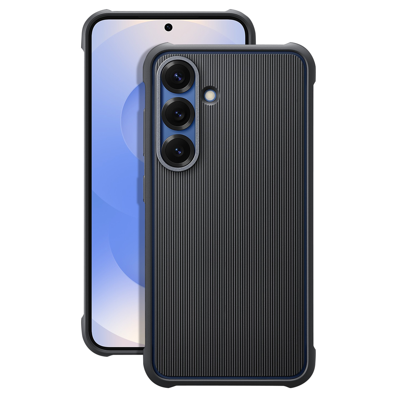 Smartphone con funda protectora, mostrando la parte trasera del teléfono con cámaras.
