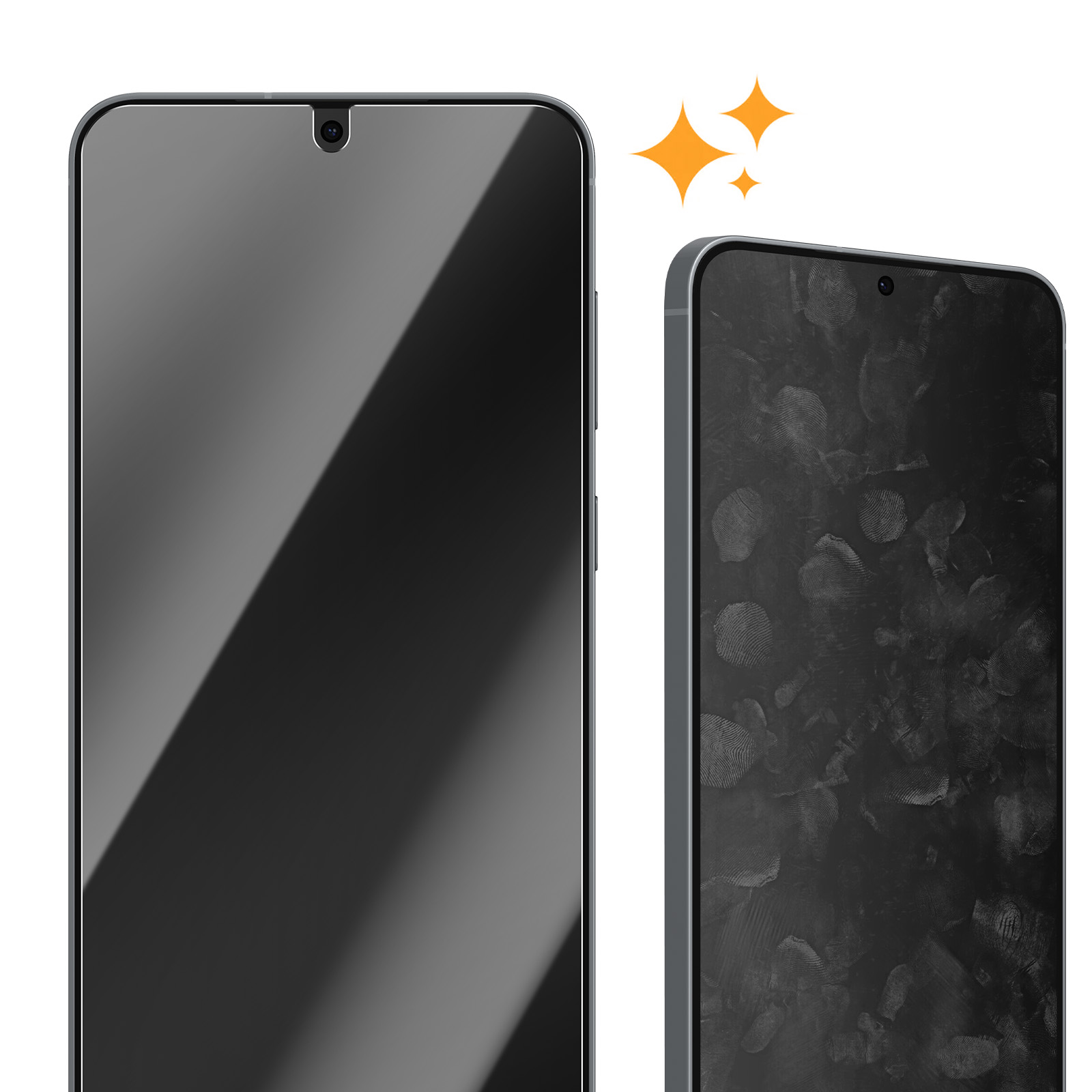 Ekran koruyuculu iki akıllı telefon. Birinde parmak izleri, diğerinde temiz ve parlak.