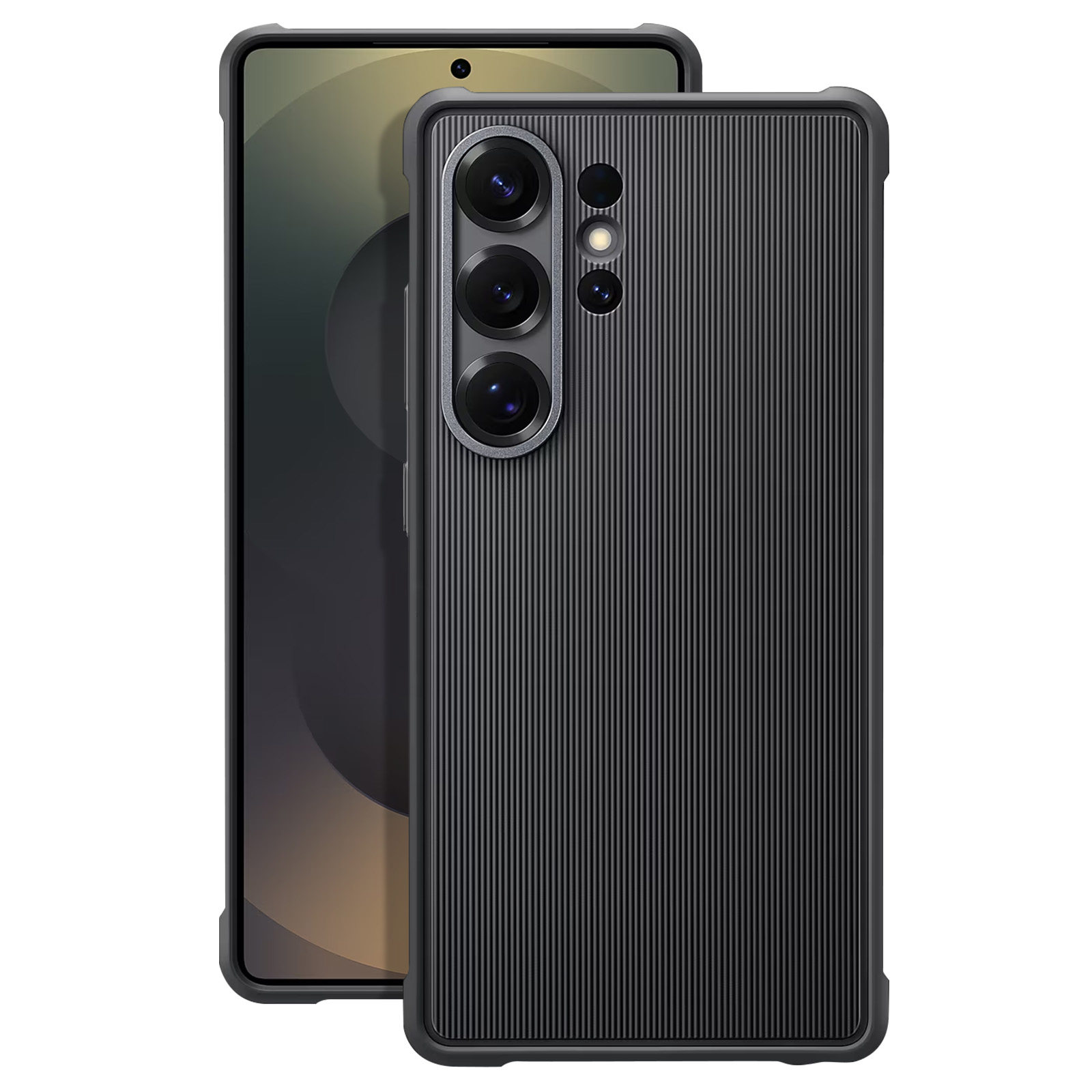 Twee zwarte telefoonhoesjes. Eén open met een telefoon met meerdere camera's.