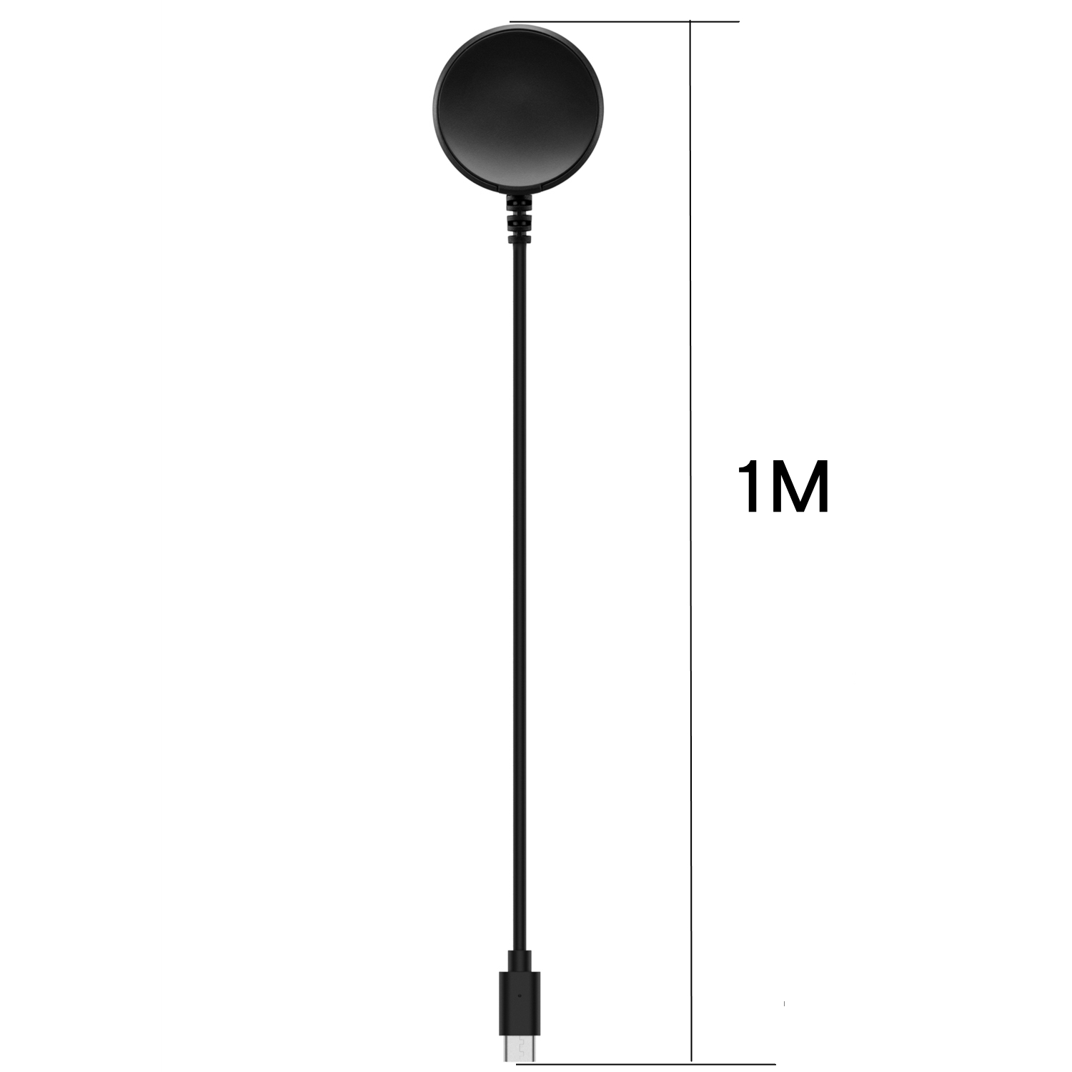 Ein schwarzes, kreisförmiges Ladegerät mit Kabel und Maß.