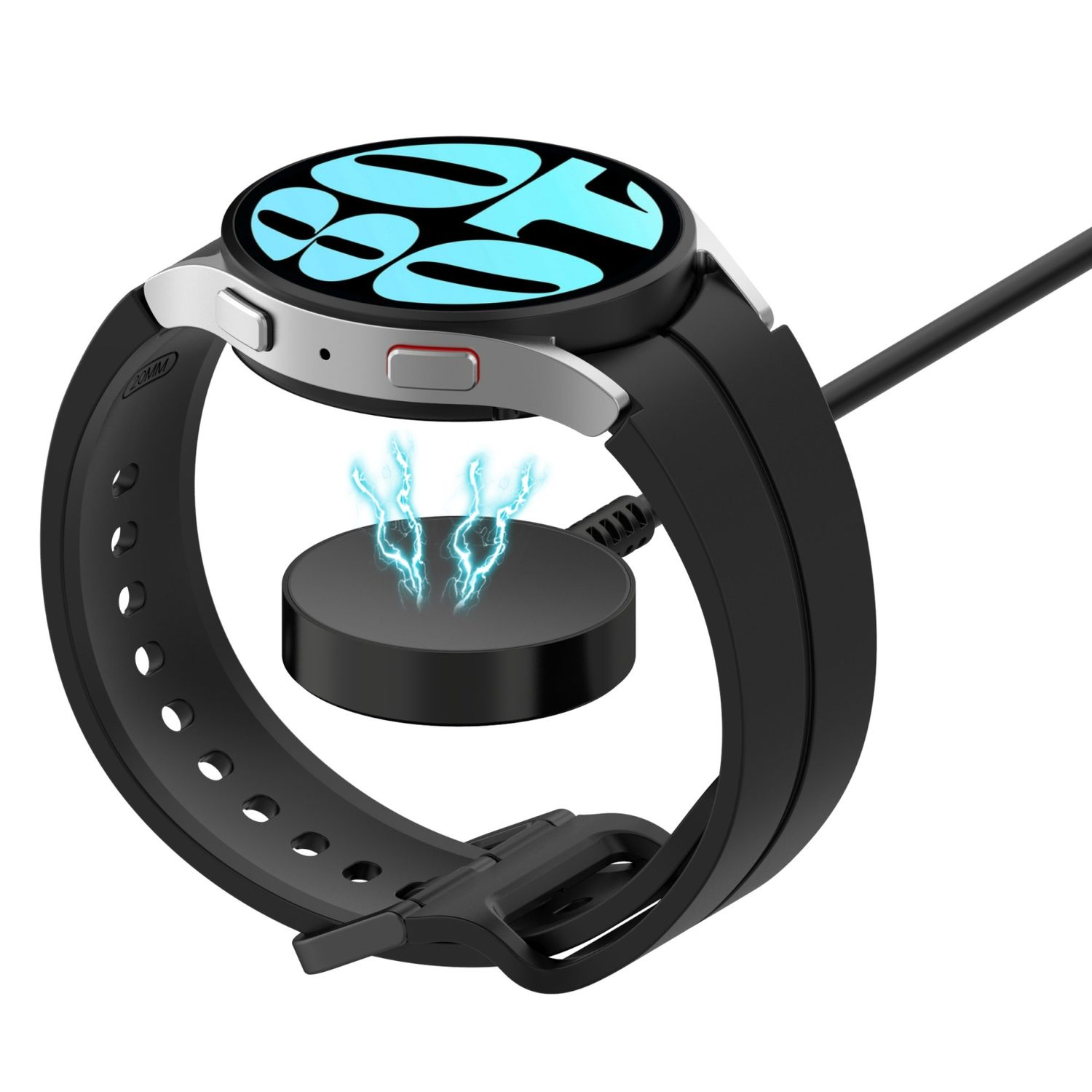 Schwarze Smartwatch auf einem kabellosen Ladegerät mit schwarzem Armband. Der Bildschirm zeigt eine blaue Oberfläche.