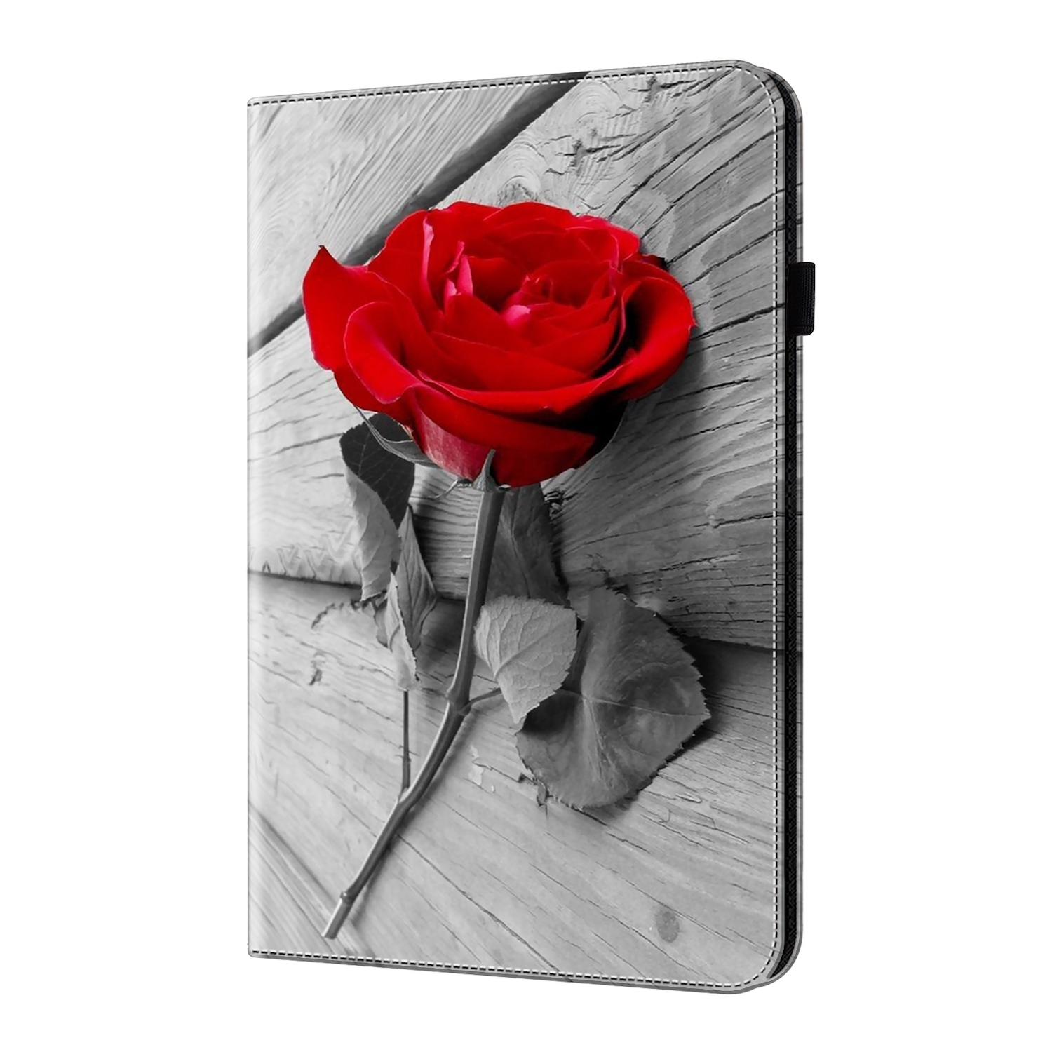 Eine leuchtend rote Rose ruht auf einer schwarz-weißen Holzoberfläche. Die Blume ist auf einer Tablet-Hülle.