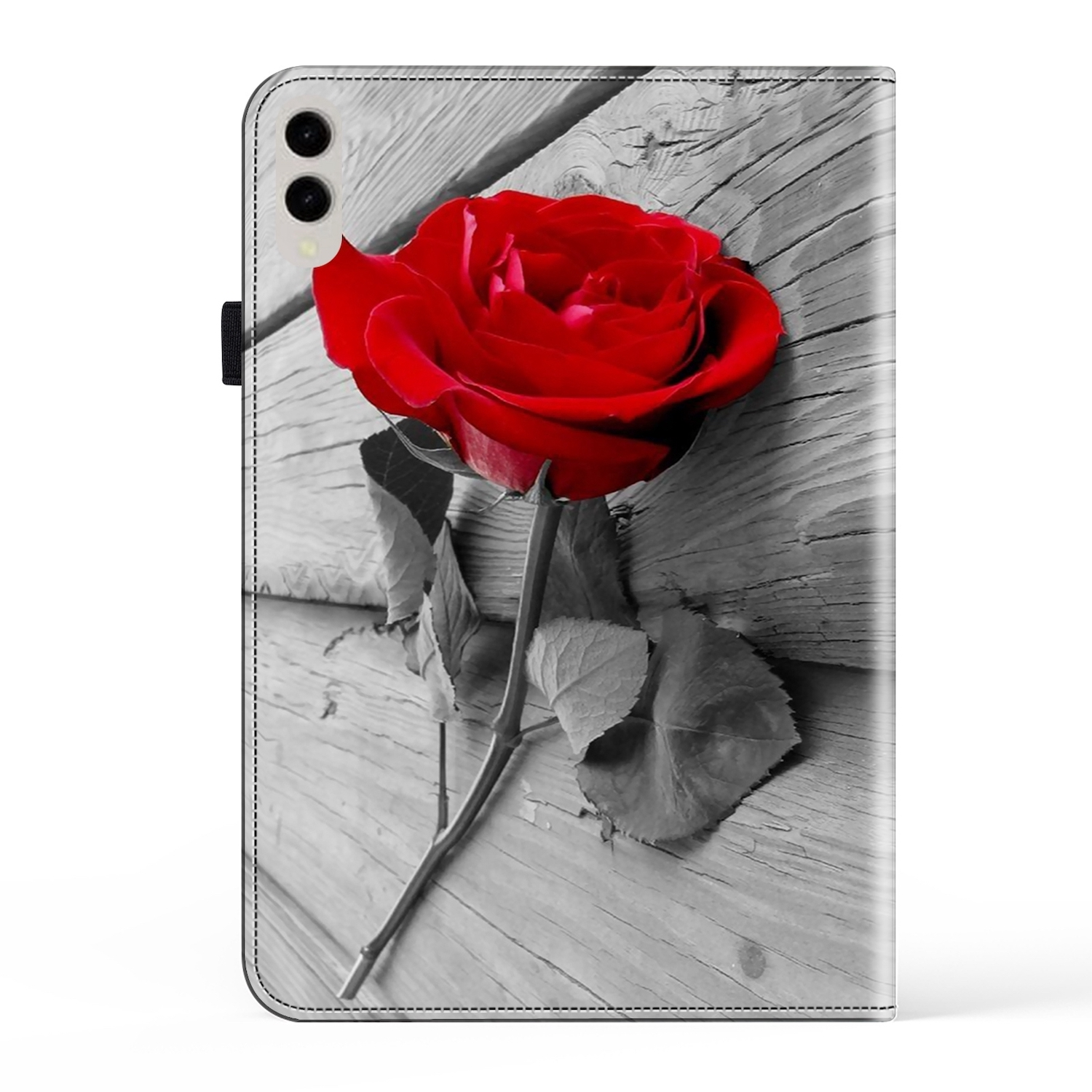 Rote Rose auf schwarz-weißem Holzmaserung-Hintergrund, in einer Tablethülle.