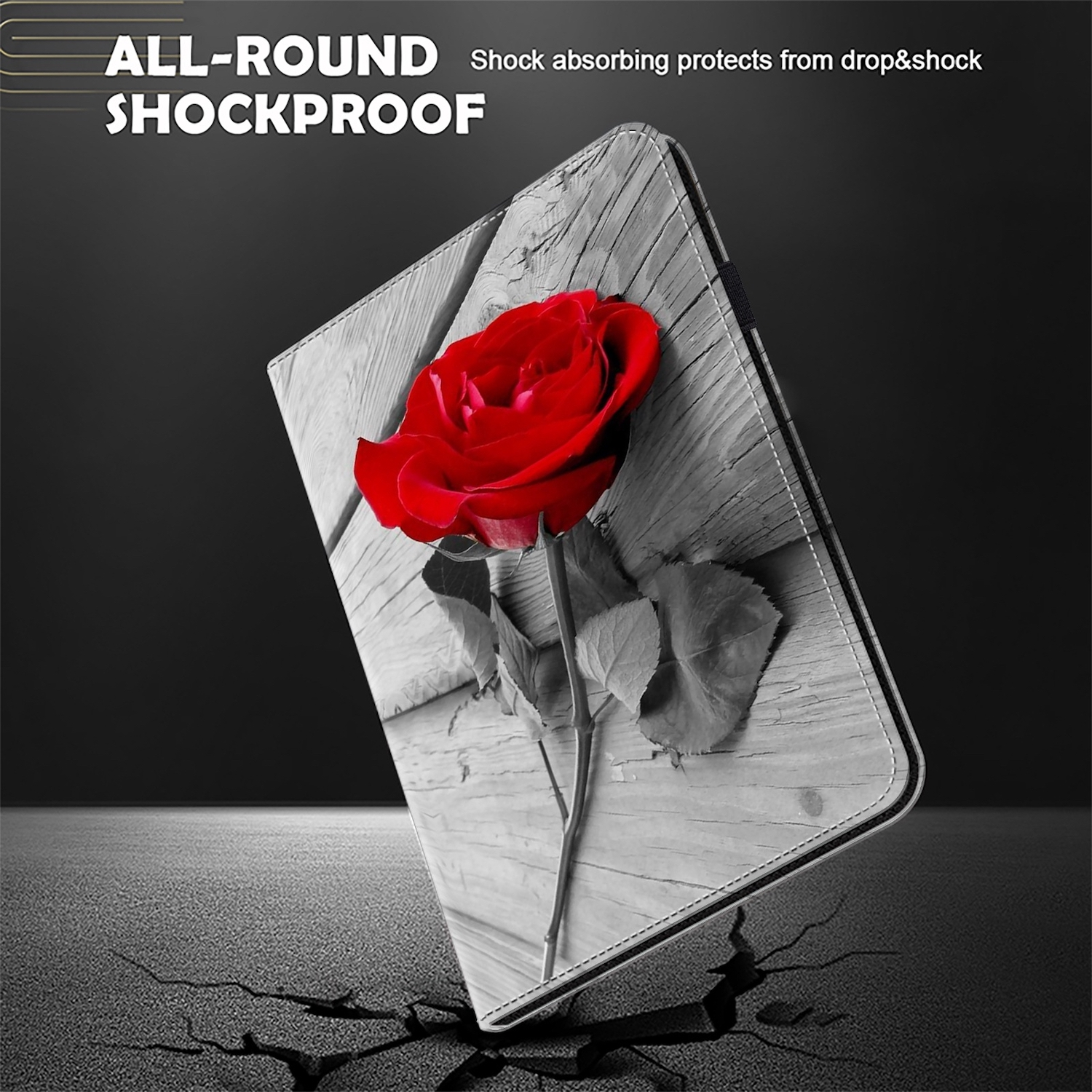 Schwarz-weiß Tablet-Hülle mit roter Rose, Text lautet ALL-ROUND SHOCKPROOF.