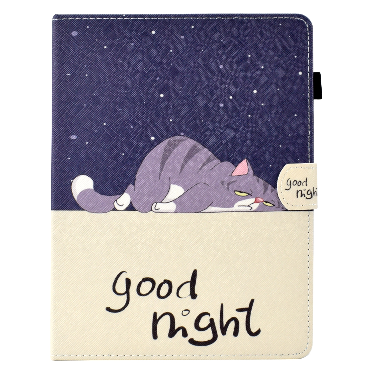 Tablet-Hülle mit Cartoon-Katzen-Design. Die Hülle ist blau und weiß mit einer Katzenillustration.