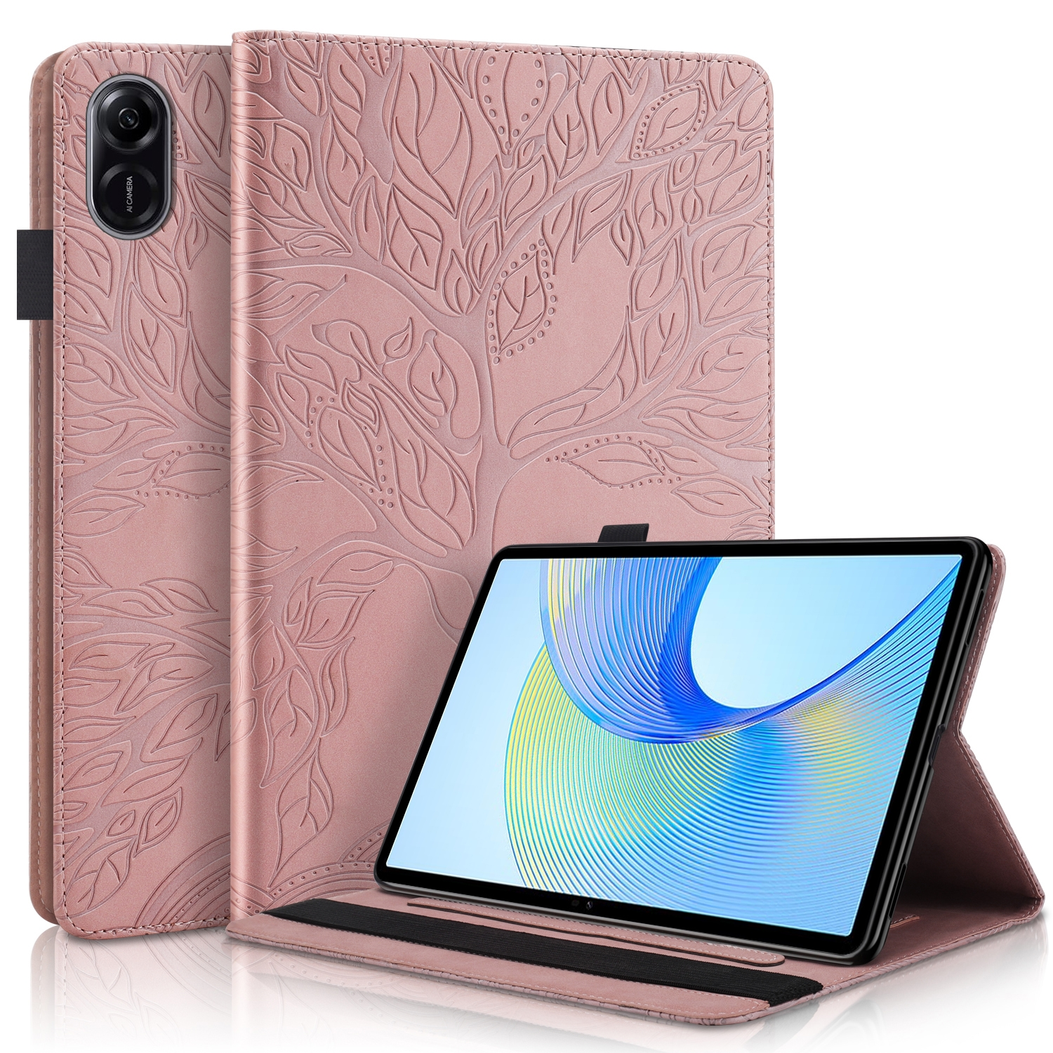 Rosa Tablet mit Hülle. Baumdesign auf dem Cover. Schwarzer Bildschirm.
