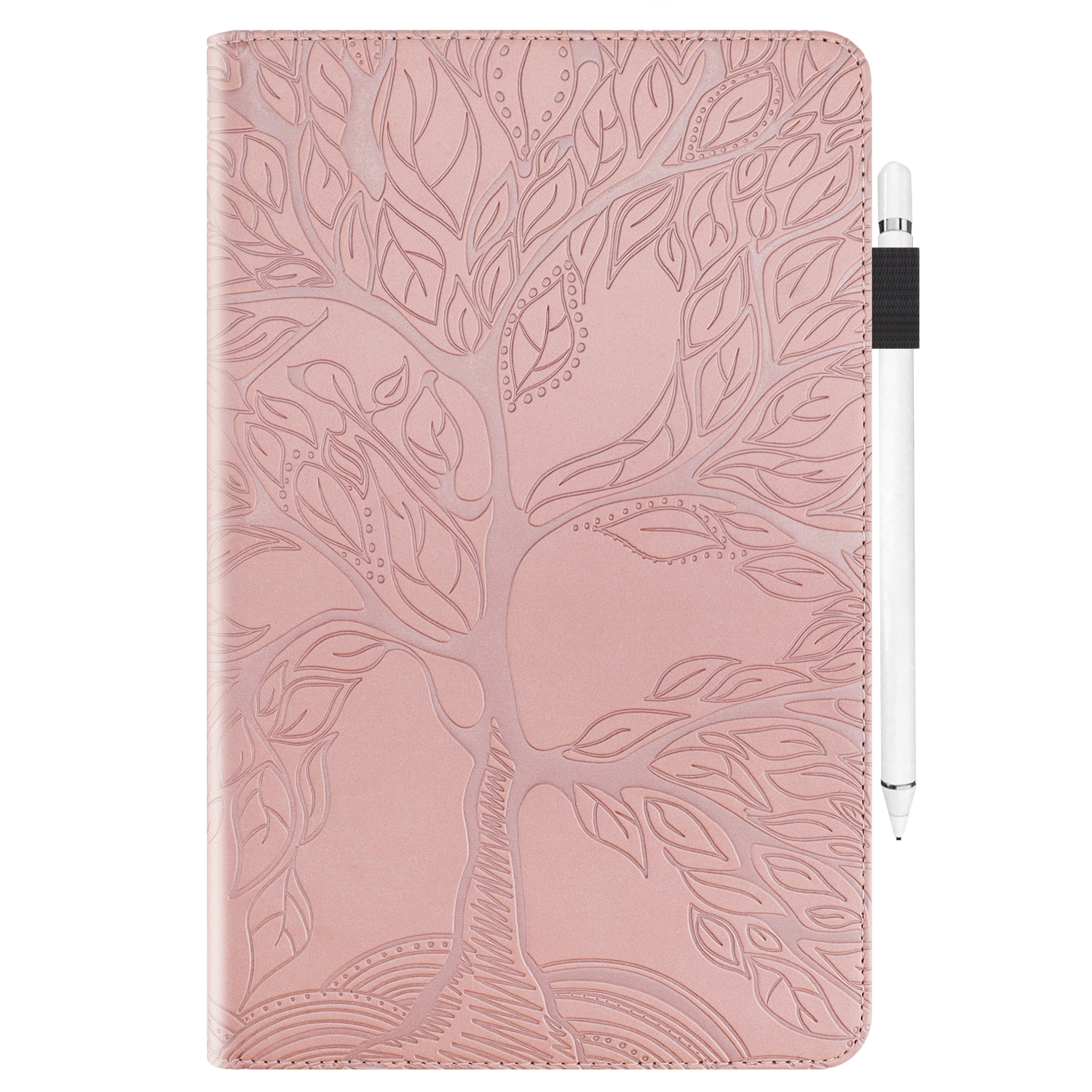 Rosa Leder Tablet-Hülle mit Baumdesign und weißem Stift an der Seite.