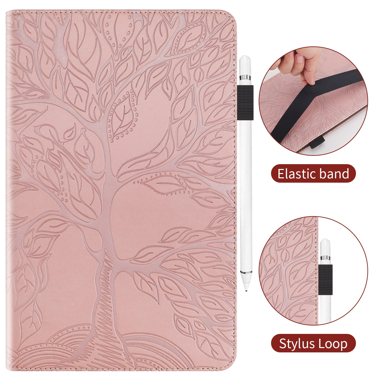 Eine pinkfarbene Tablethülle mit Baumdesign und einem Stift.