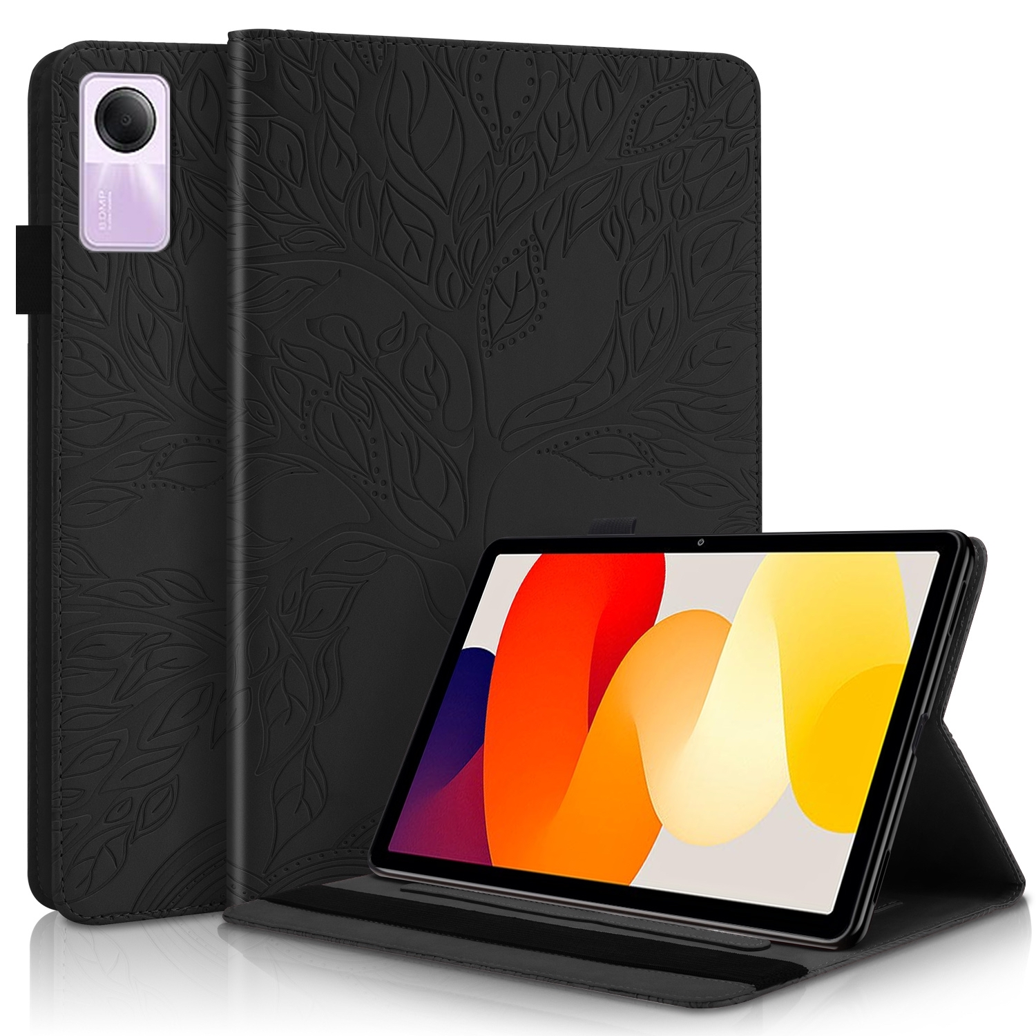 Schwarzes Tablet in einer schwarzen Hülle mit Baumdesign. Die Hülle ist offen. Weißer Hintergrund.