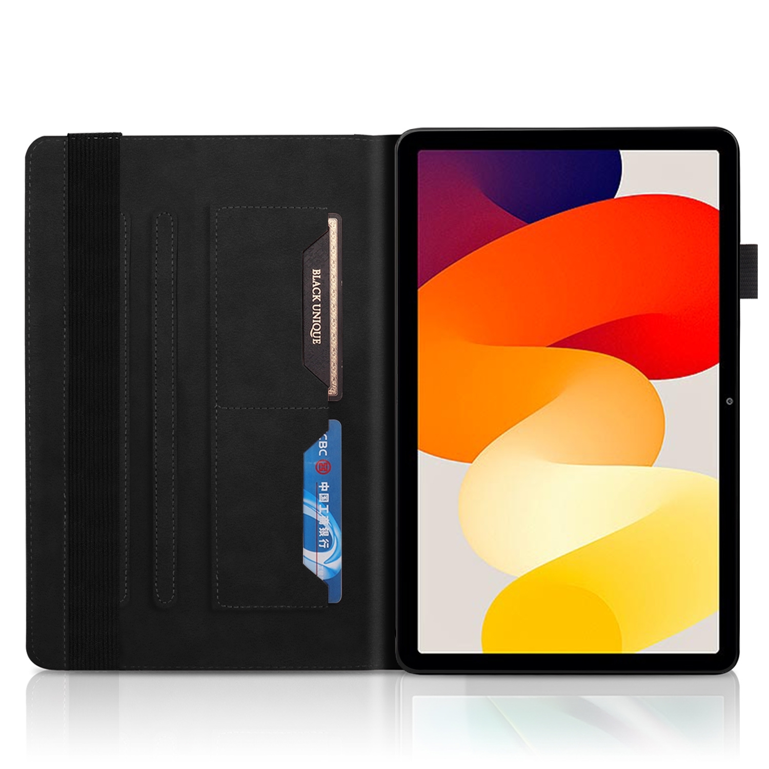 Schwarze Tablethülle mit Tablet darin.