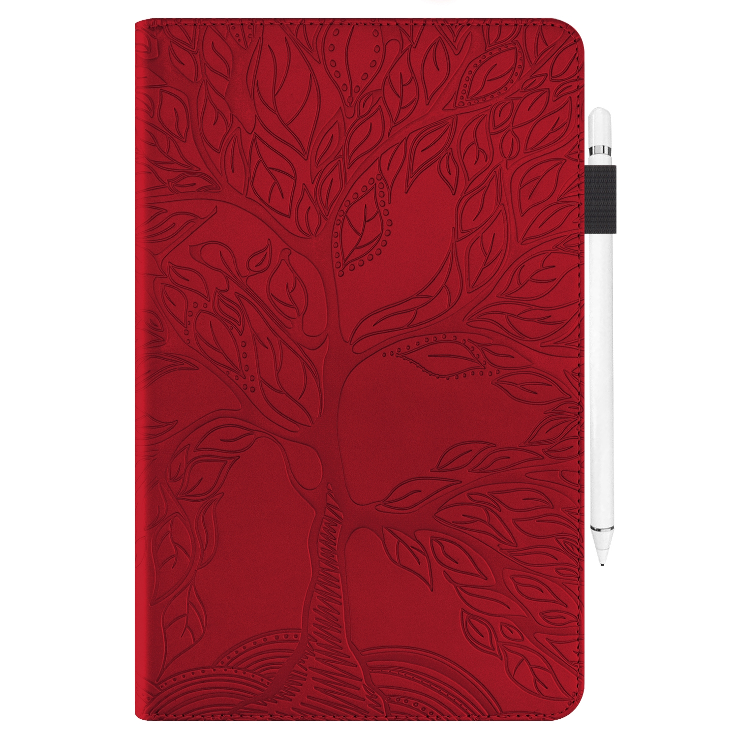 Rote Tablethülle mit Baumdesign und weißem Stift.