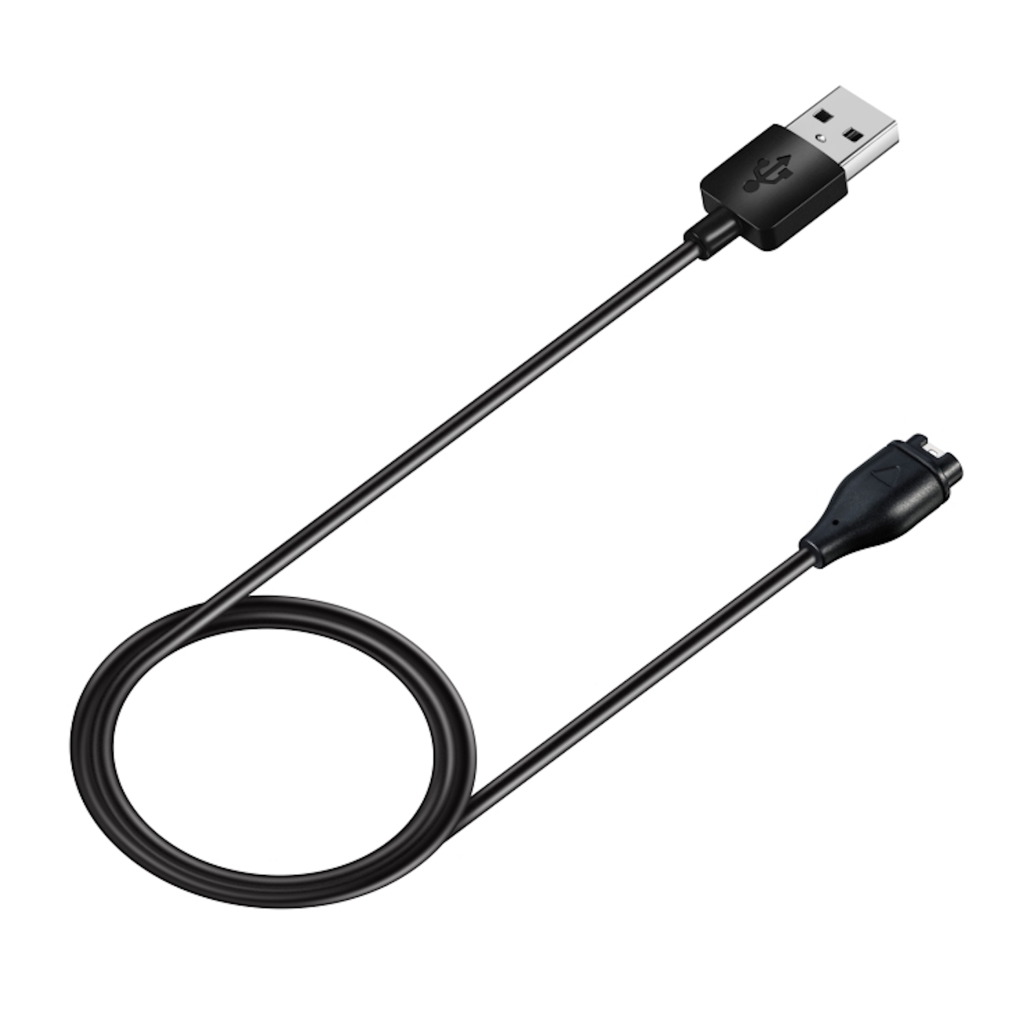 Schwarzes USB-Ladekabel mit USB-A-Anschluss und Ladeanschluss.