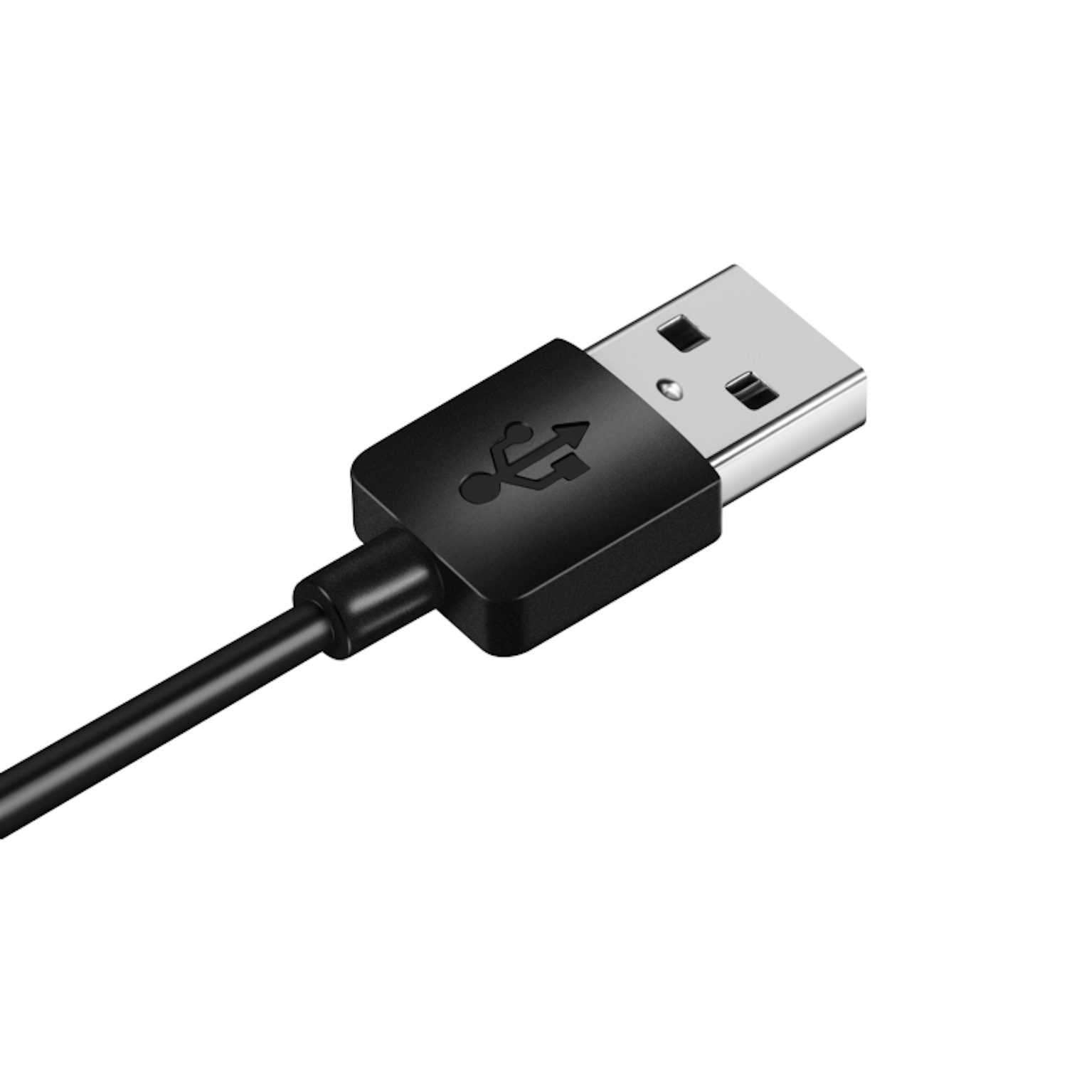 Schwarzes USB-Kabel mit USB-Symbol auf weißem Hintergrund.
