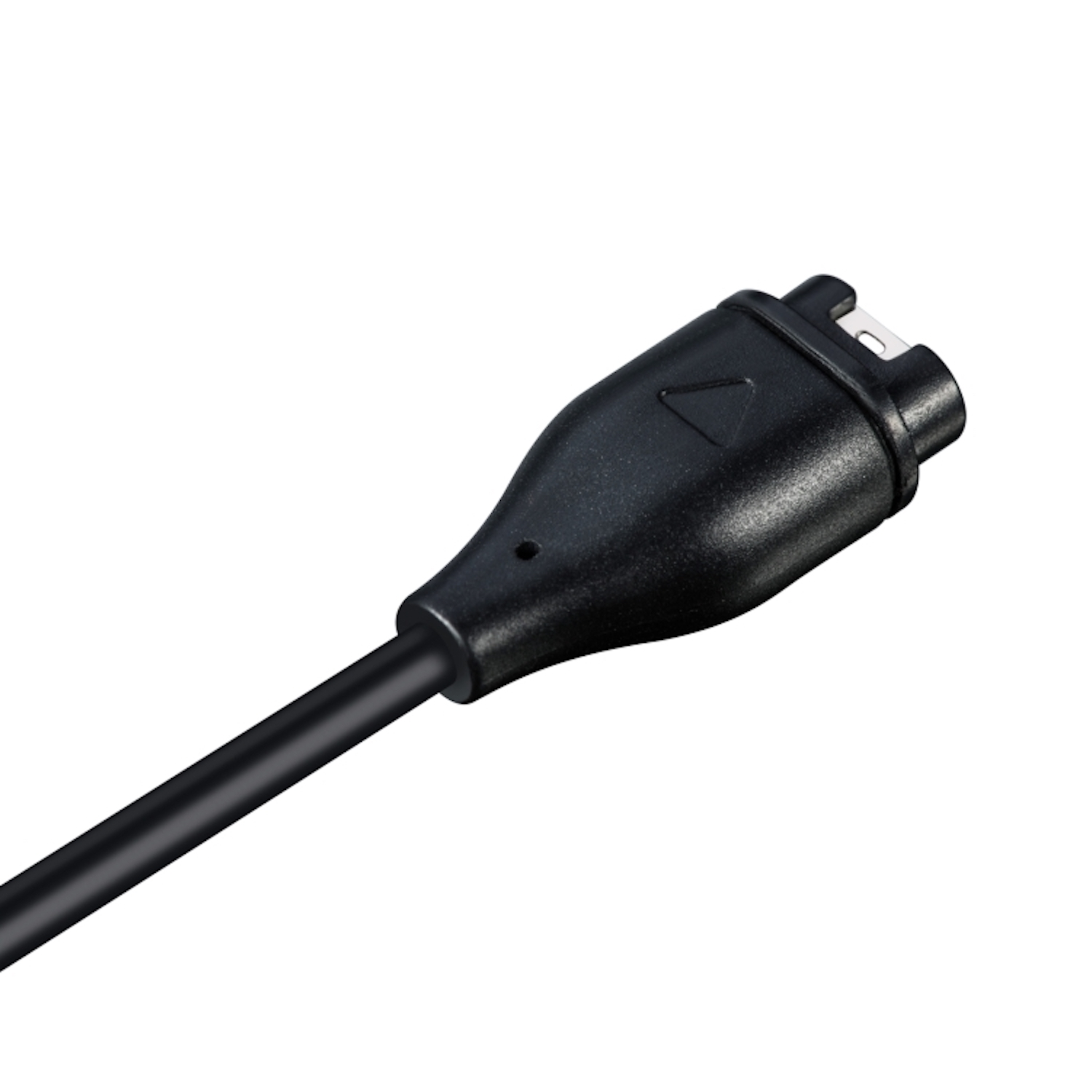 Schwarzes Ladekabel mit einem Stecker an einem Ende, abgewinkelt zum Betrachter.
