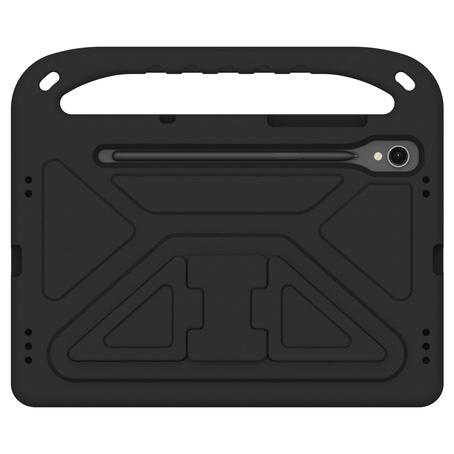 Eine schwarze Tablethülle mit Griff und Stifthalter. Die Hülle ist strukturiert.