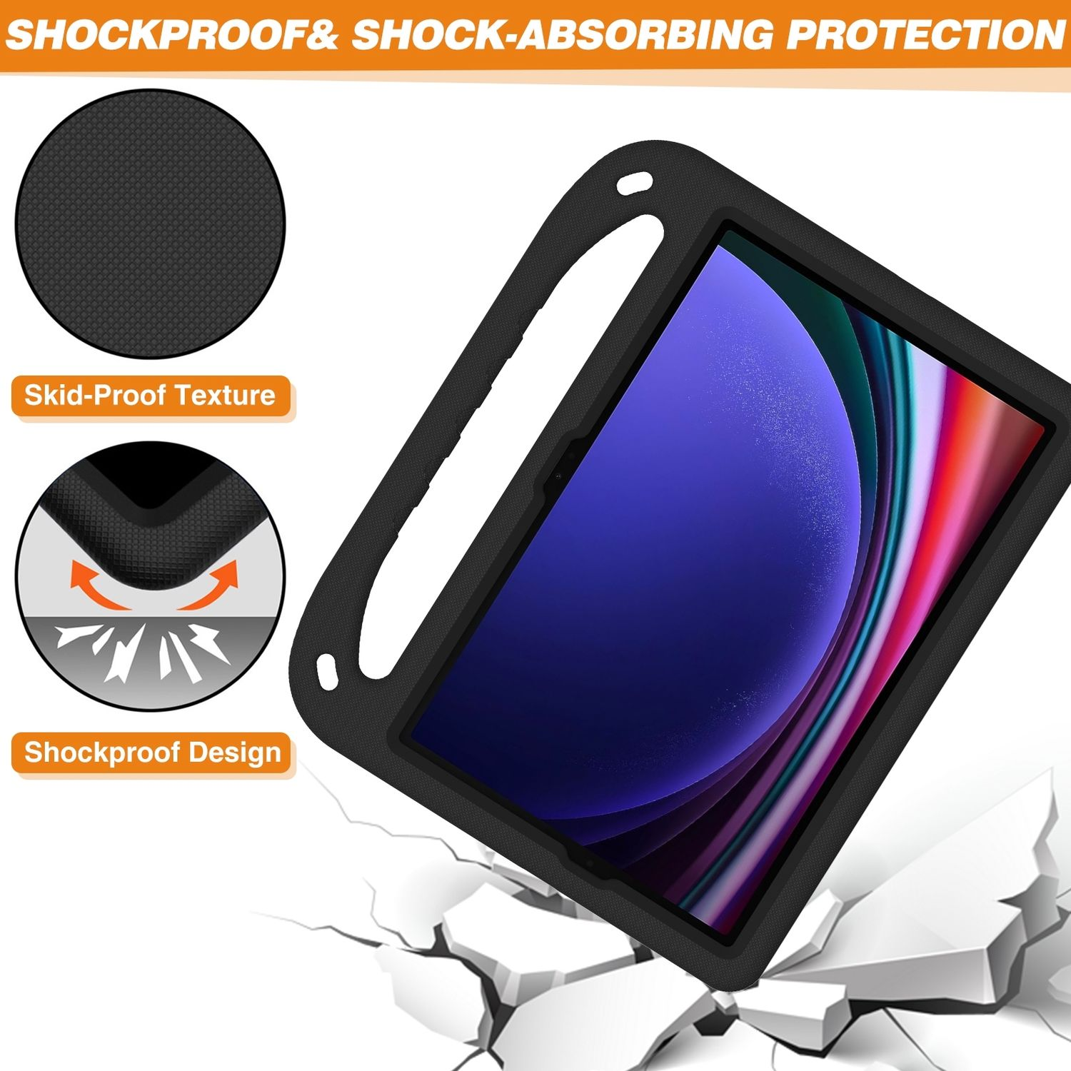 Ein Tablet in einer Schutzhülle mit Text und Grafiken zum Stoßschutz.